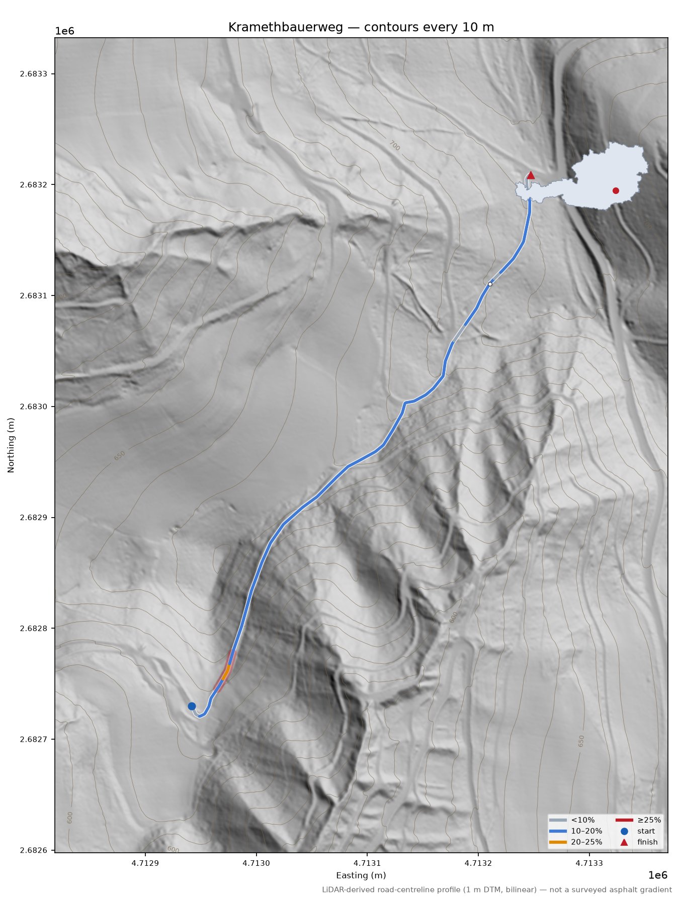 Kramethbauerweg LiDAR hillshade map with contours
