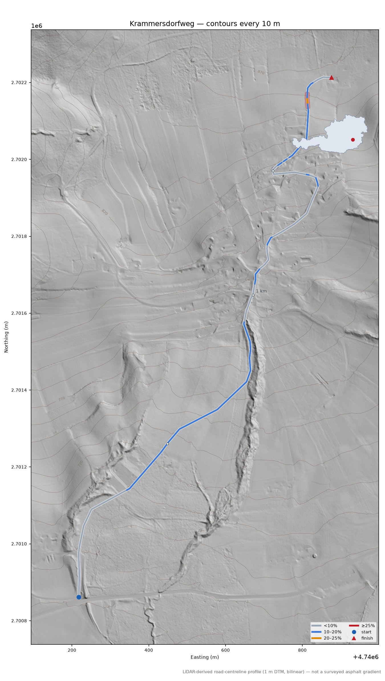 Krammersdorfweg LiDAR hillshade map with contours