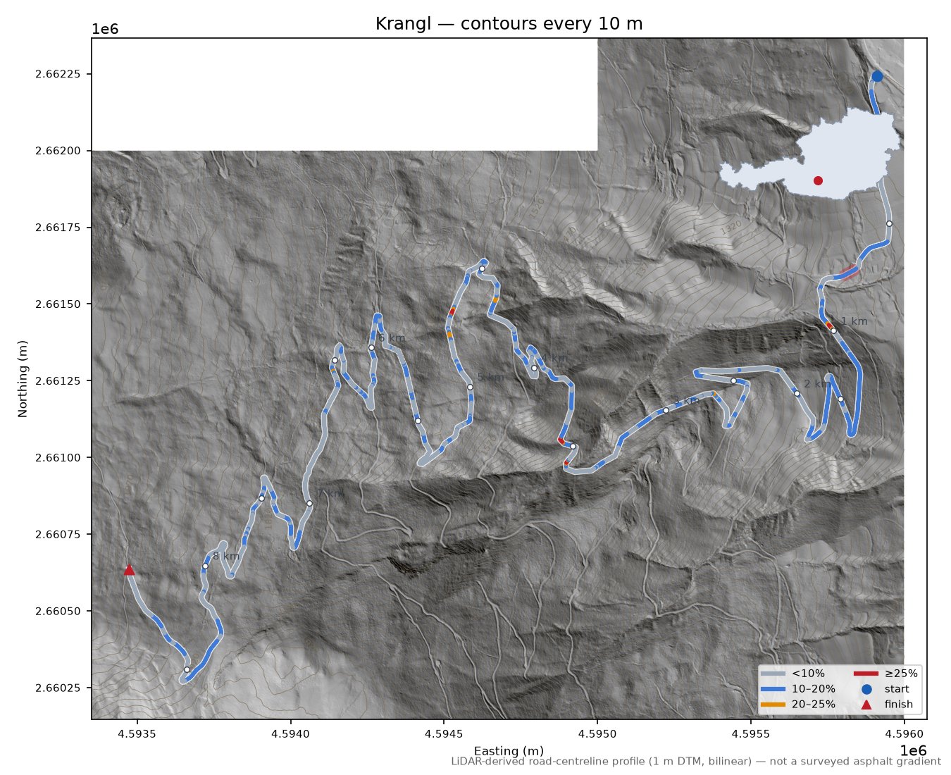 Krangl LiDAR hillshade map with contours