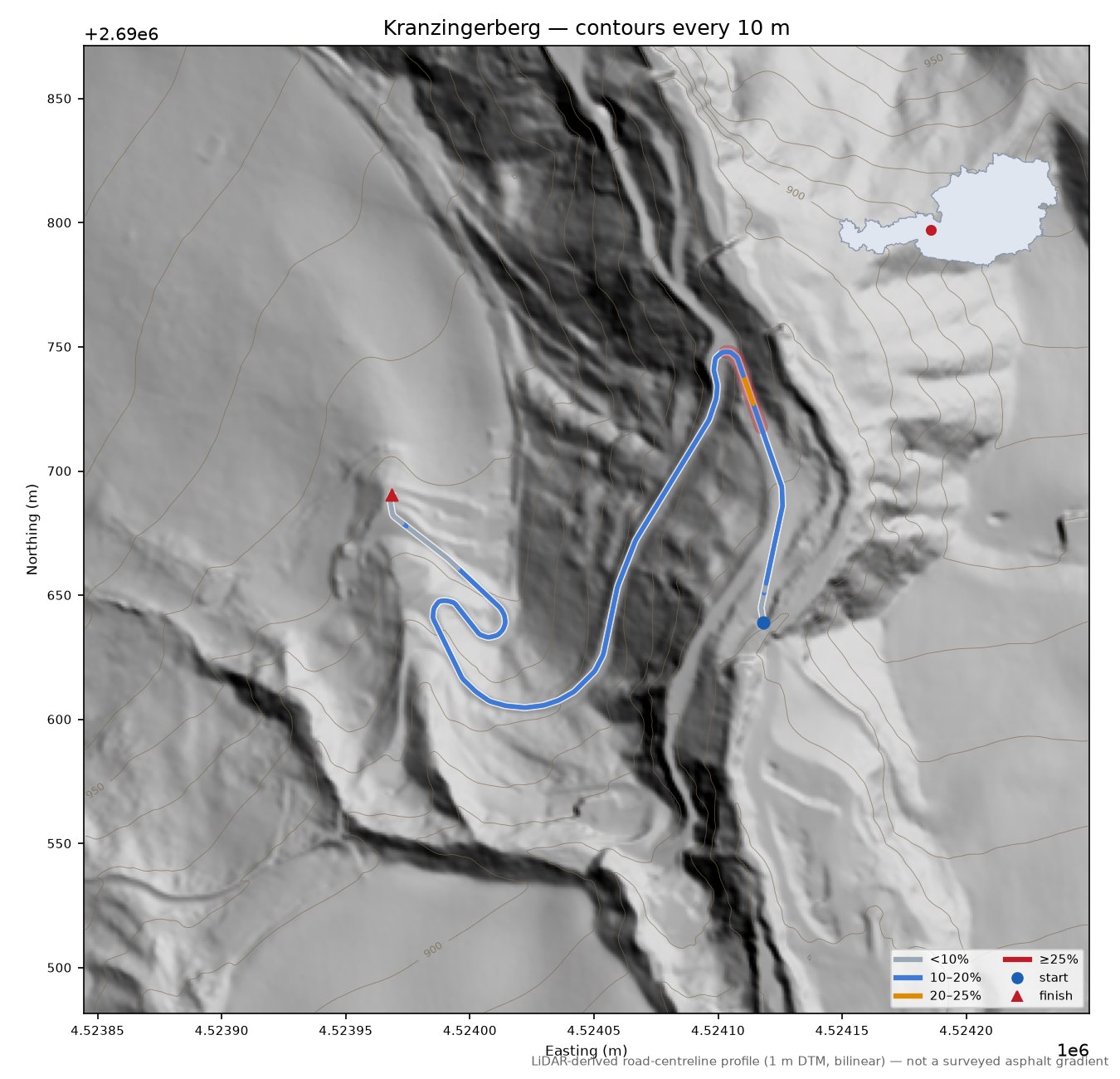 Kranzingerberg LiDAR hillshade map with contours