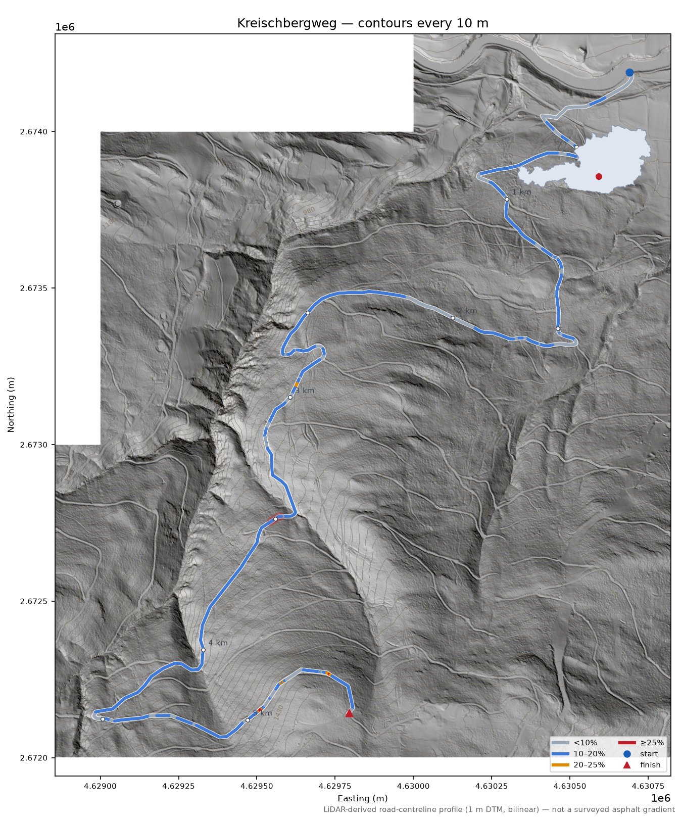 Kreischbergweg LiDAR hillshade map with contours
