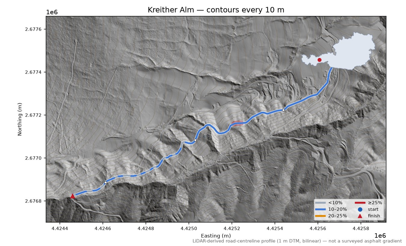 Kreither Alm LiDAR hillshade map with contours