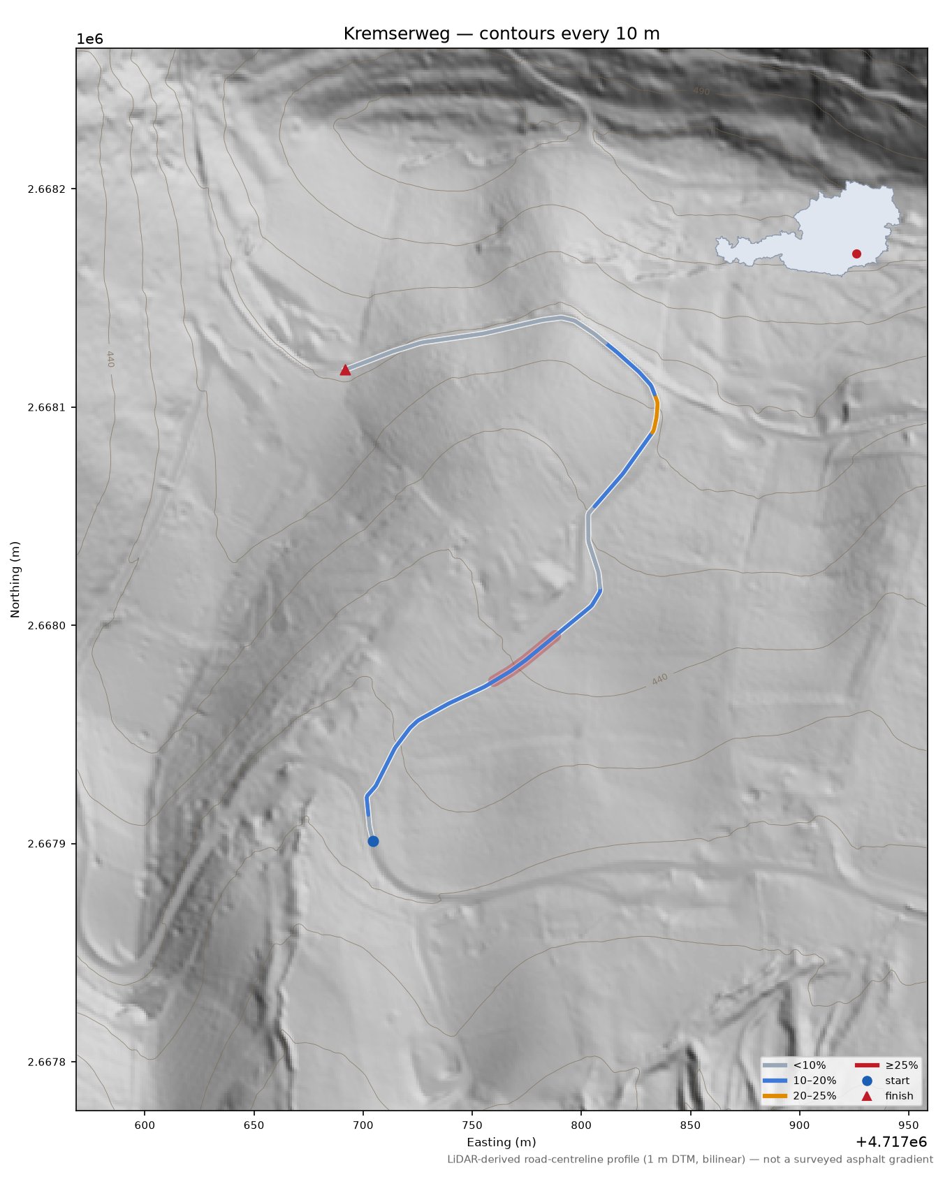 Kremserweg LiDAR hillshade map with contours