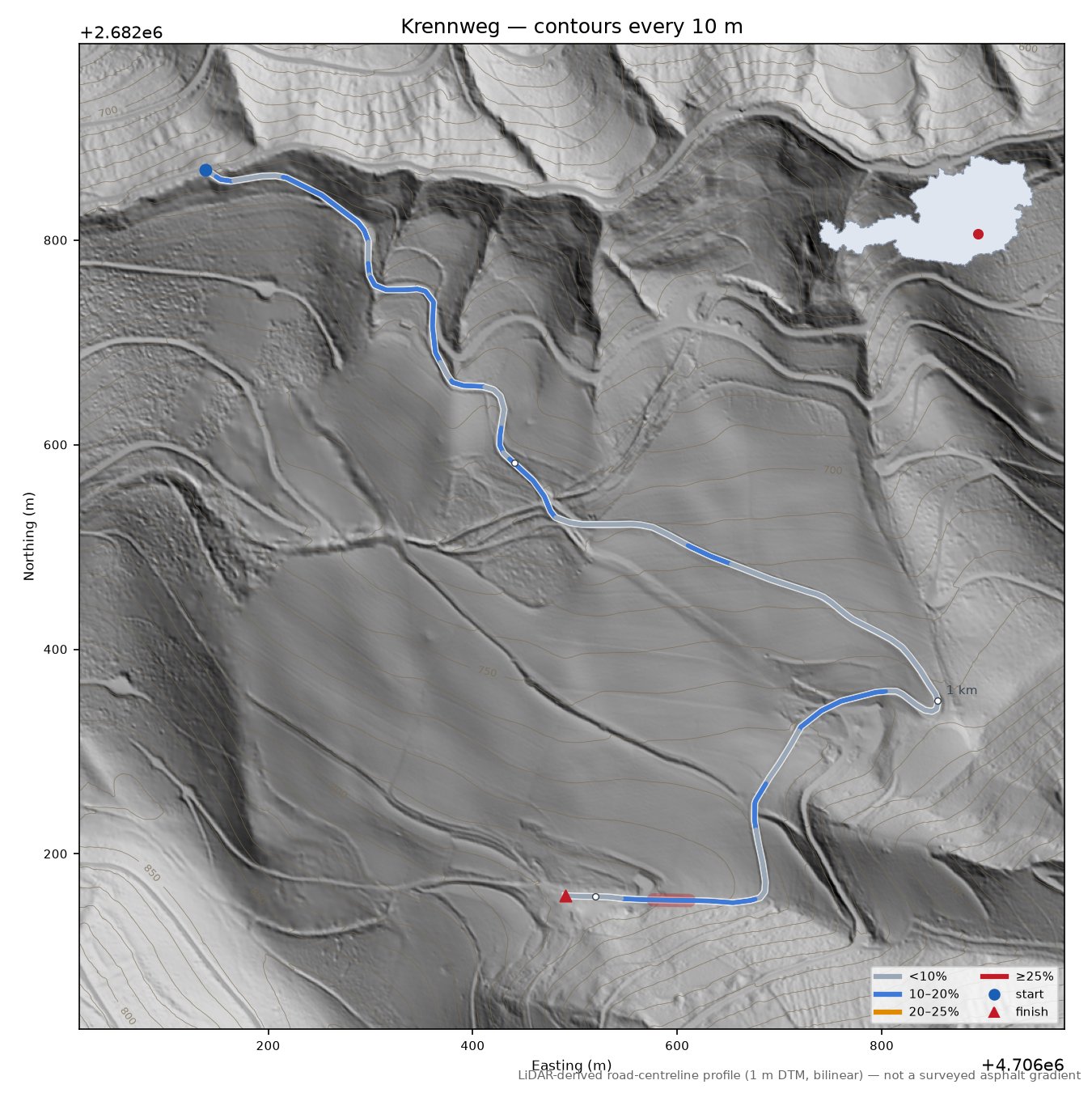Krennweg LiDAR hillshade map with contours