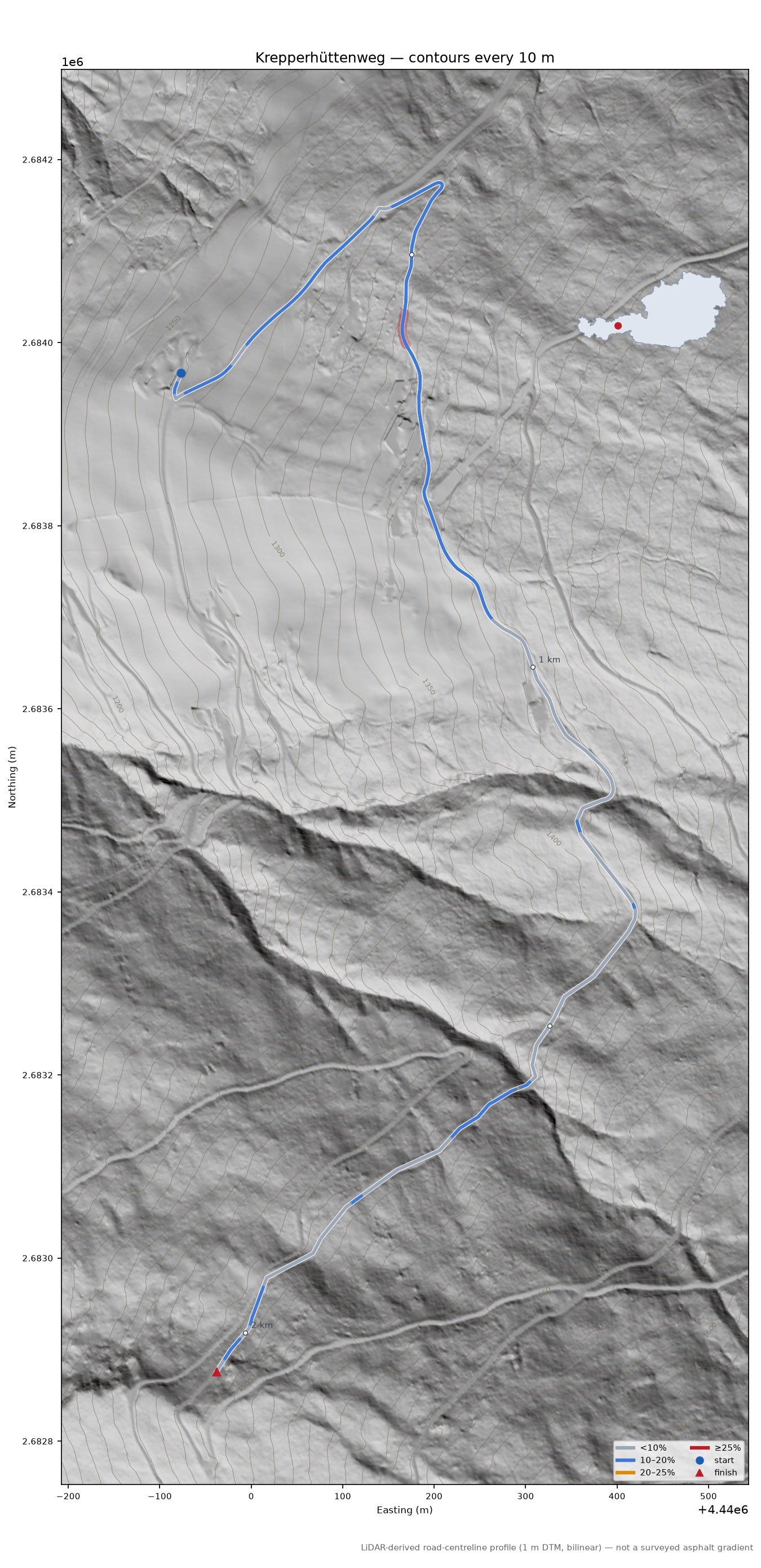 Krepperhüttenweg LiDAR hillshade map with contours