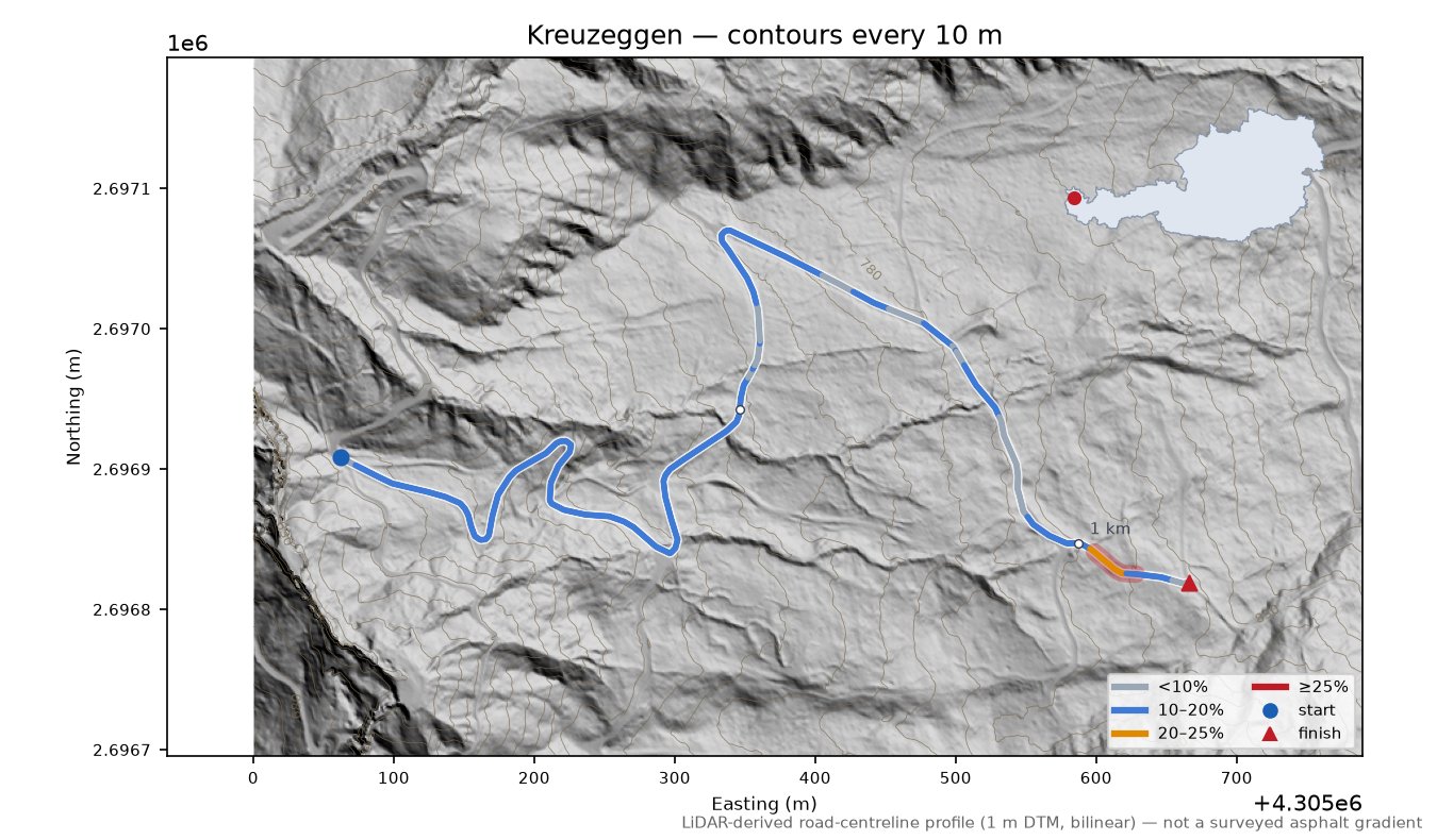 Kreuzeggen LiDAR hillshade map with contours