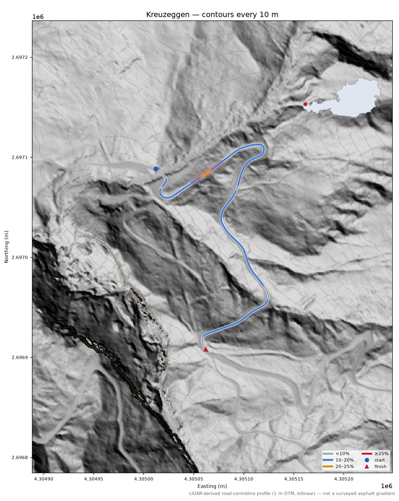 Kreuzeggen LiDAR hillshade map with contours