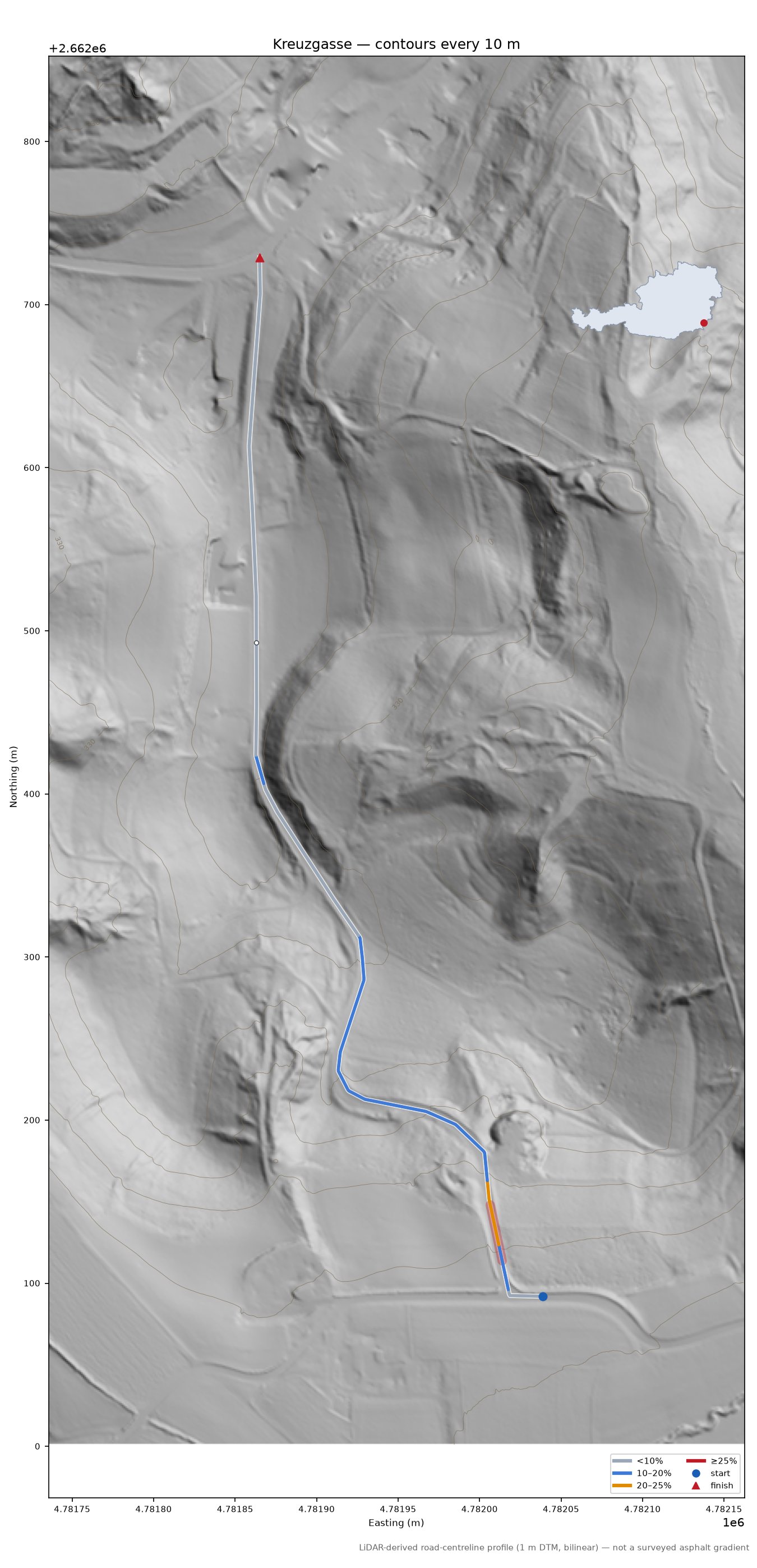 Kreuzgasse LiDAR hillshade map with contours