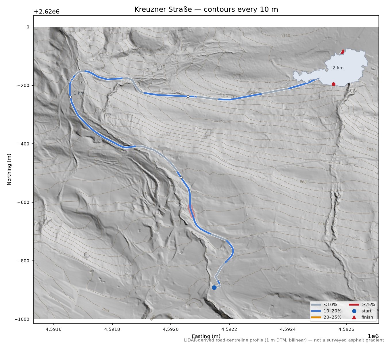 Kreuzner Straße LiDAR hillshade map with contours
