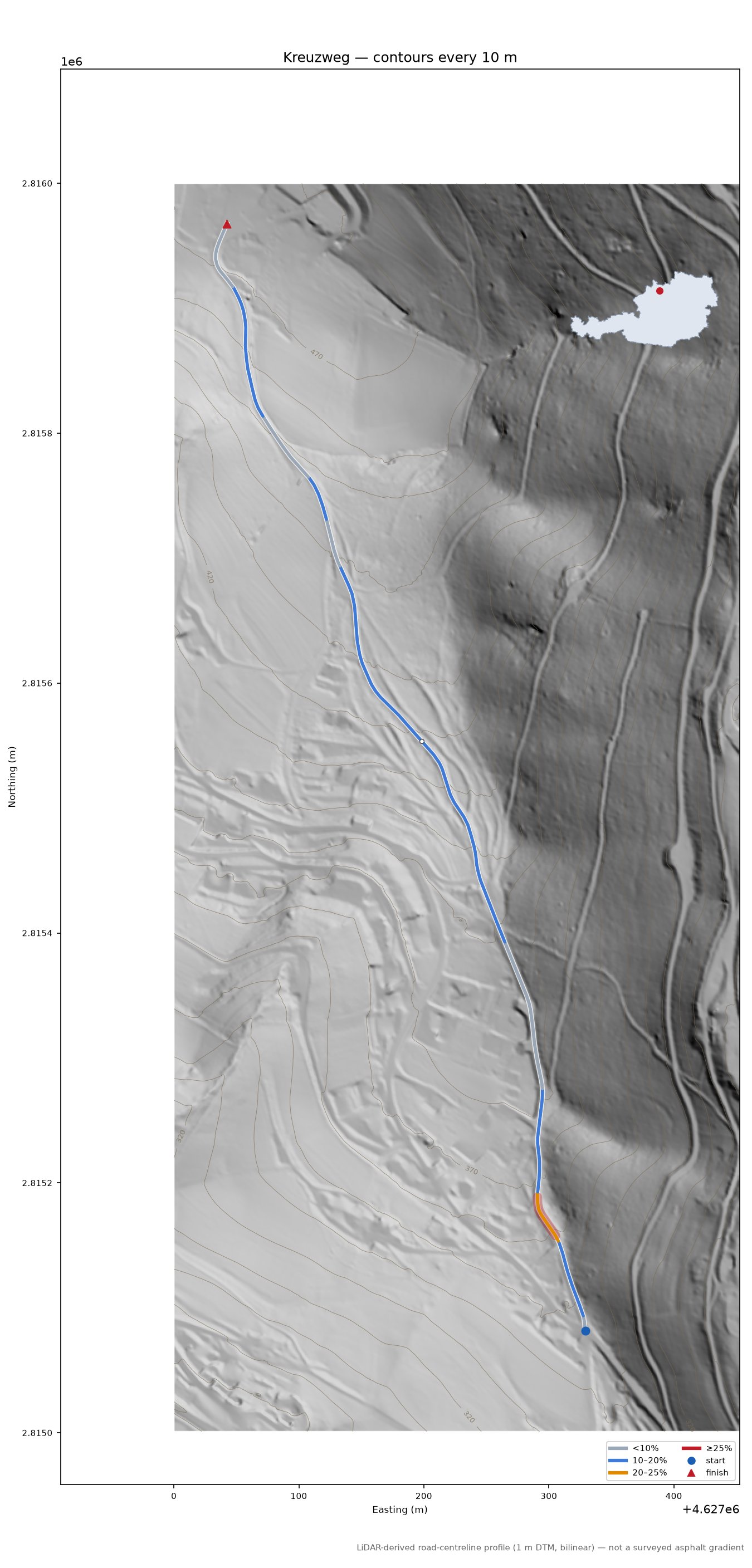 Kreuzweg LiDAR hillshade map with contours