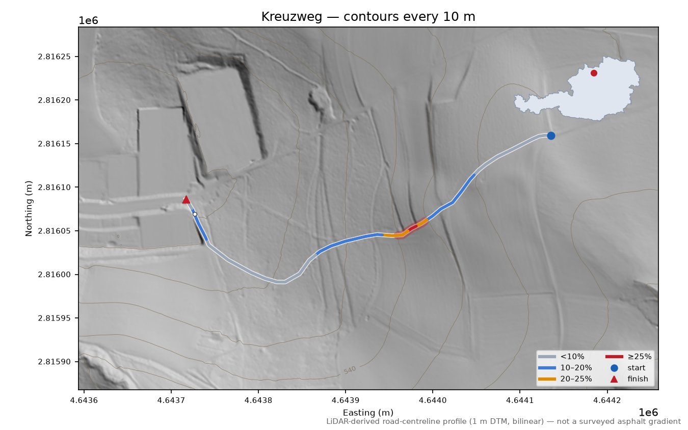 Kreuzweg LiDAR hillshade map with contours