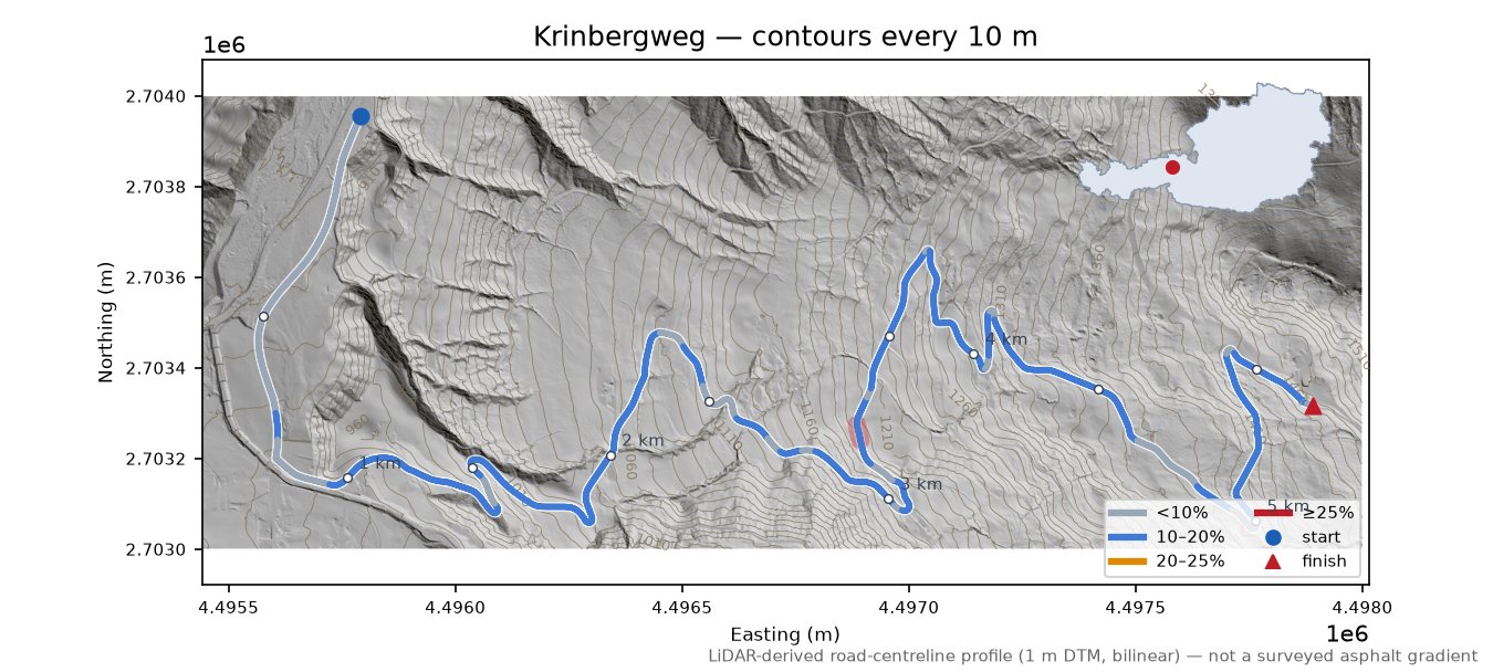 Krinbergweg LiDAR hillshade map with contours