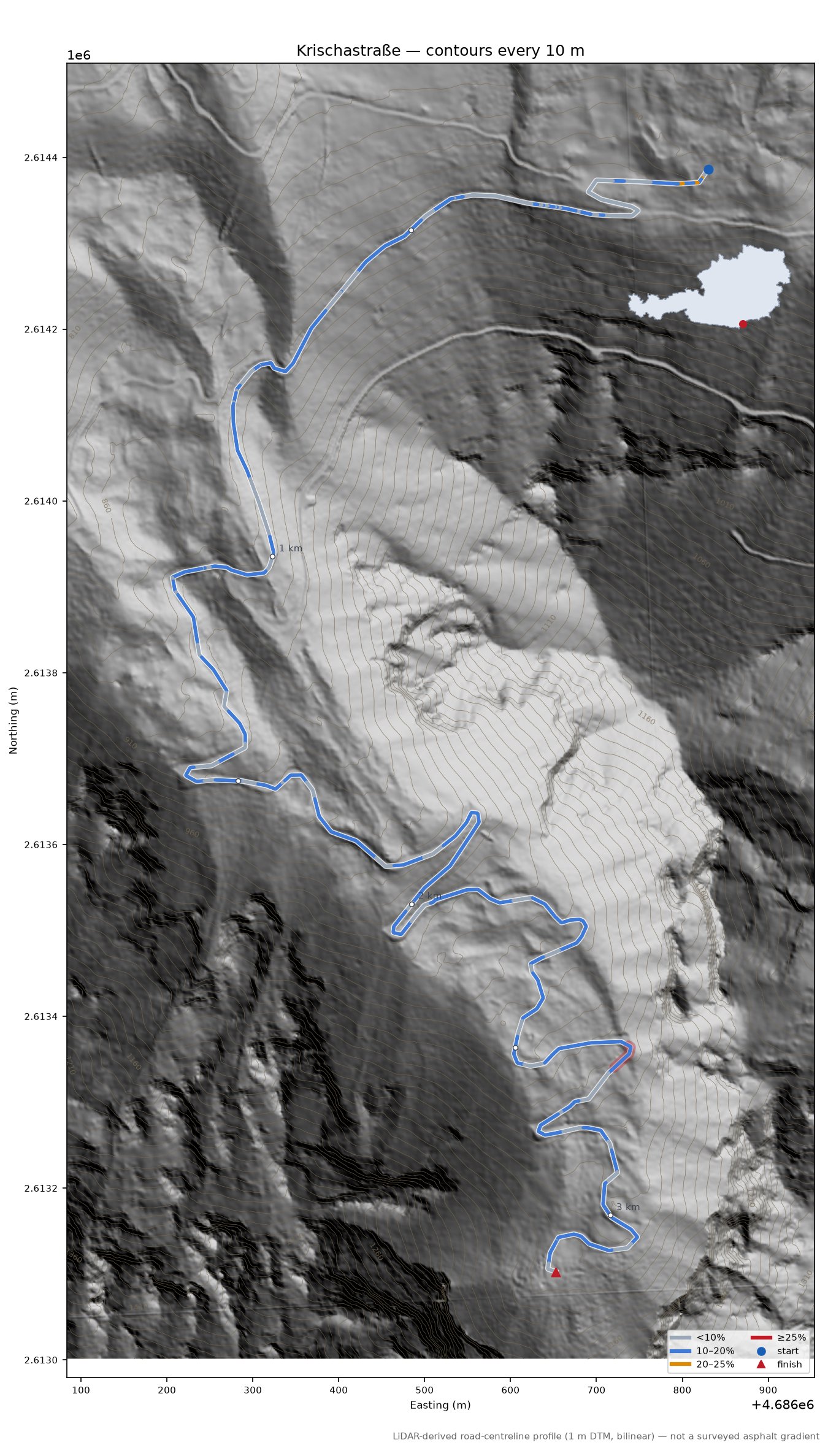 Krischastraße LiDAR hillshade map with contours