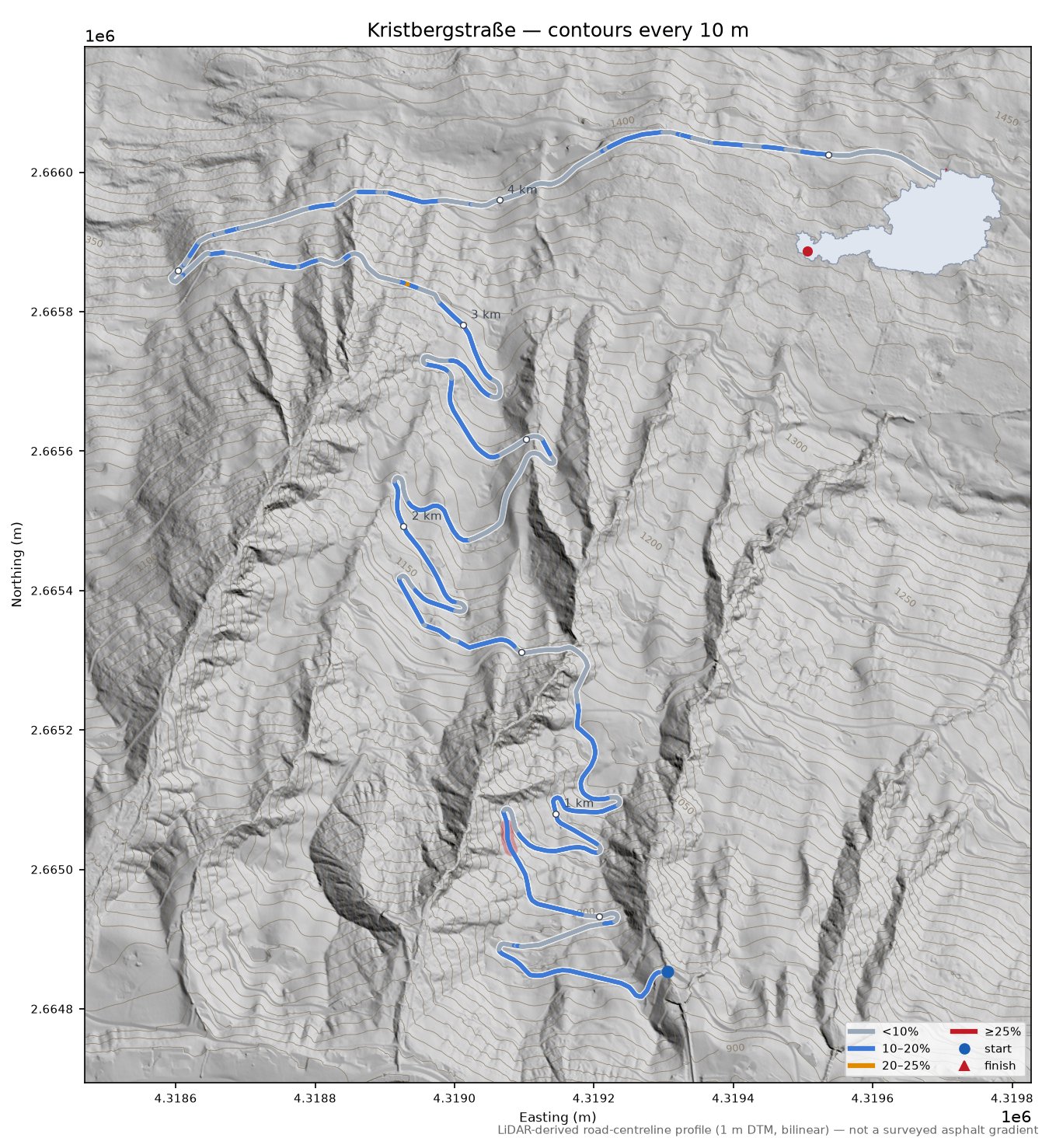 Kristbergstraße LiDAR hillshade map with contours