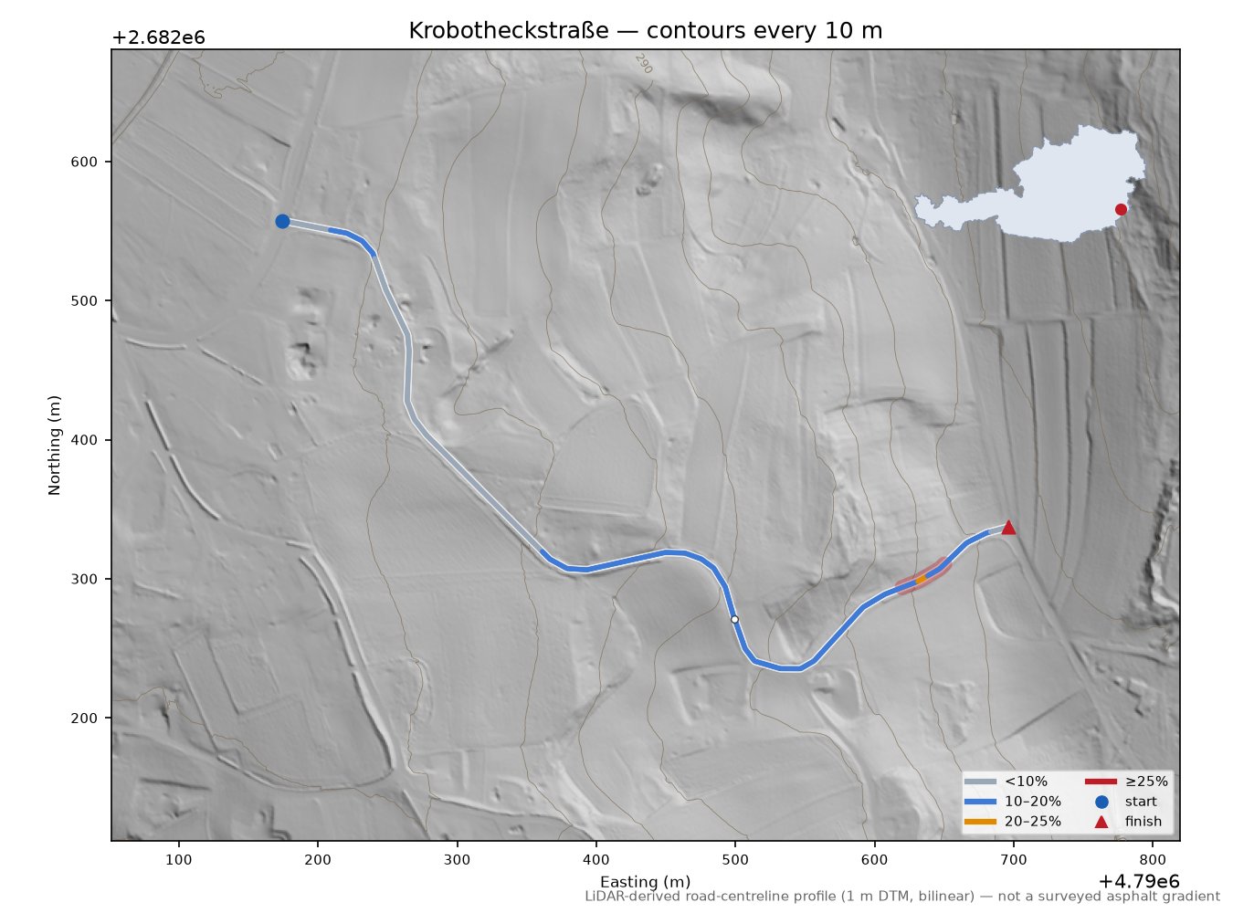 Krobotheckstraße LiDAR hillshade map with contours