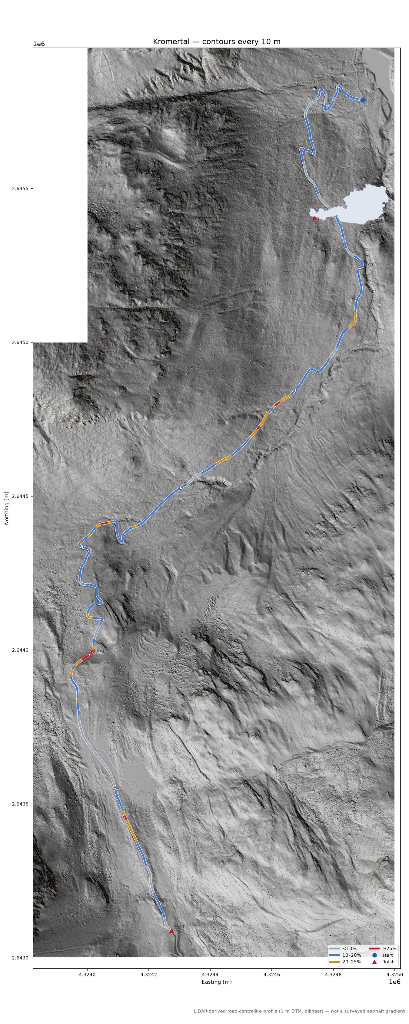 Kromertal LiDAR hillshade map with contours