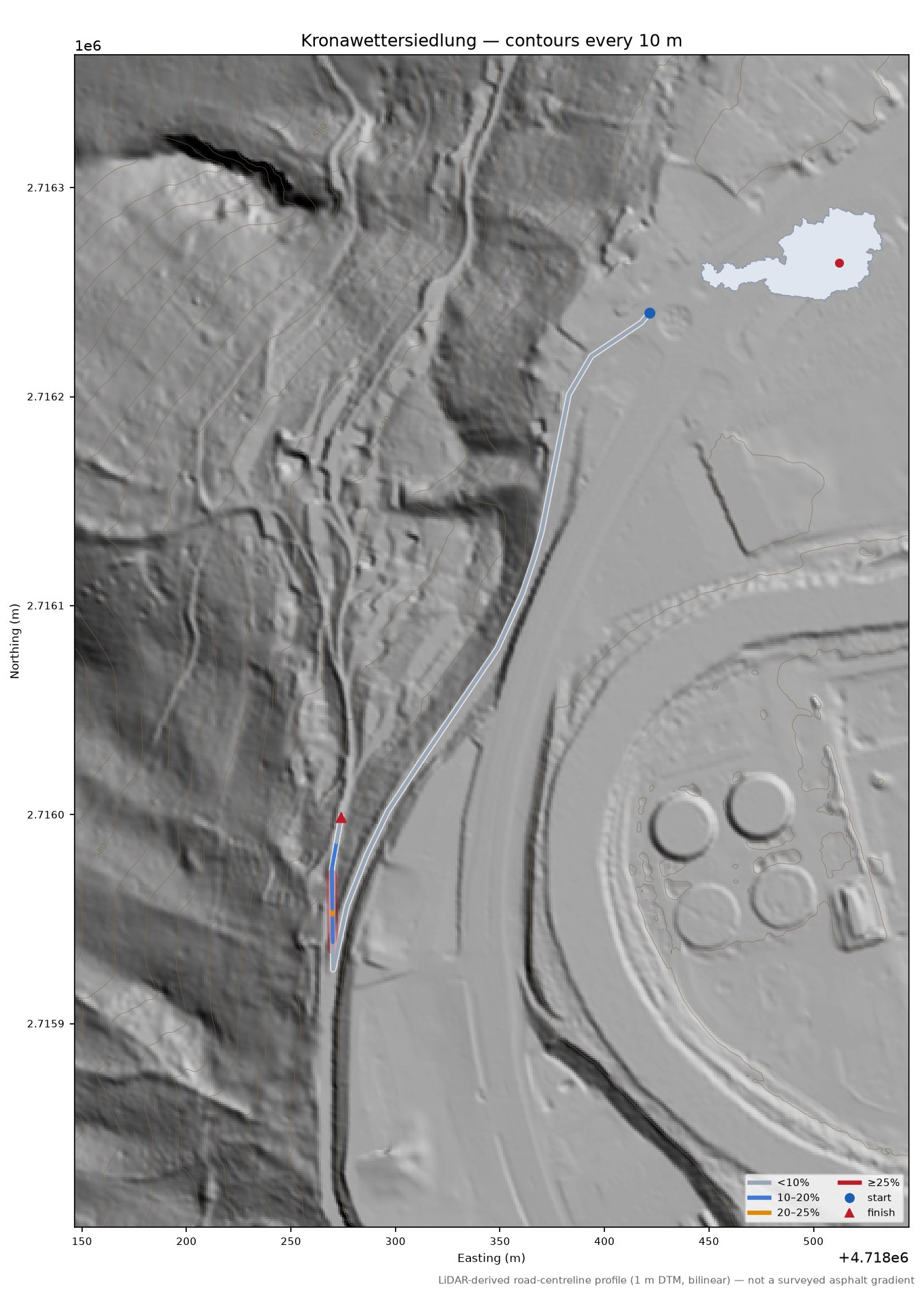 Kronawettersiedlung LiDAR hillshade map with contours