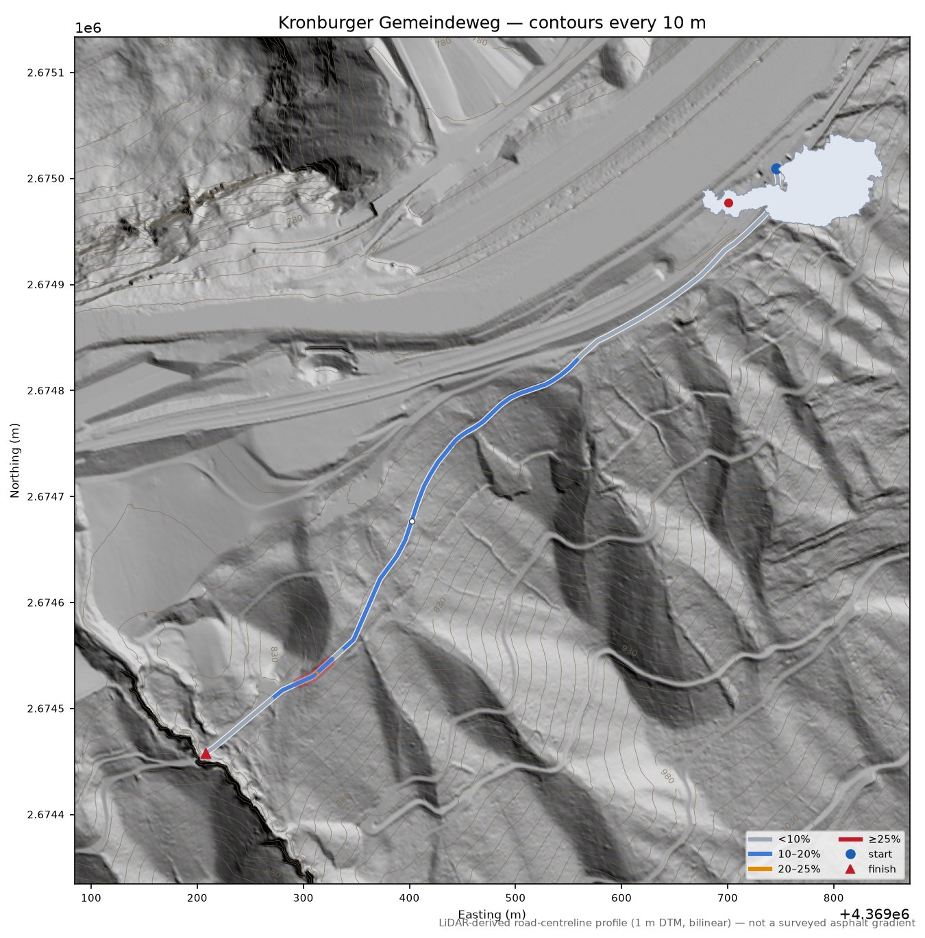 Kronburger Gemeindeweg LiDAR hillshade map with contours
