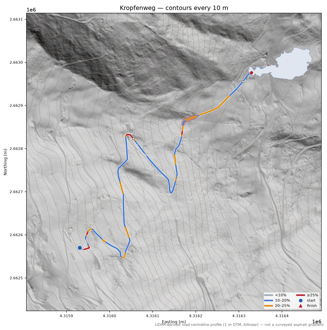 Kropfenweg LiDAR hillshade map with contours