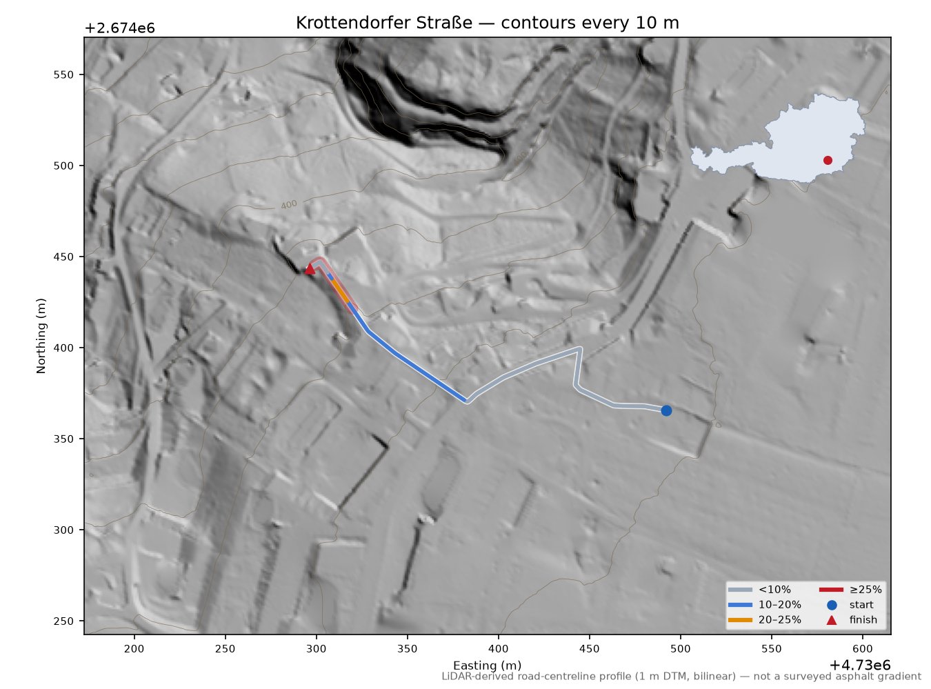Krottendorfer Straße LiDAR hillshade map with contours