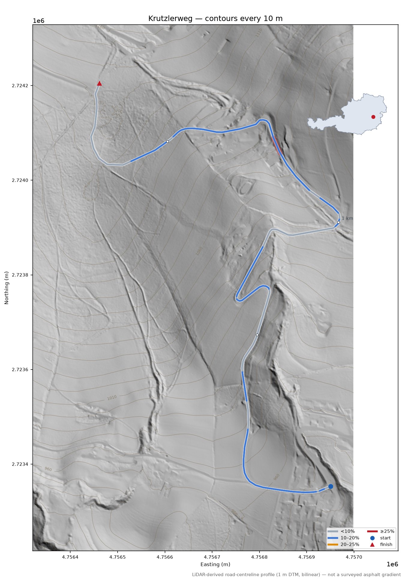 Krutzlerweg LiDAR hillshade map with contours