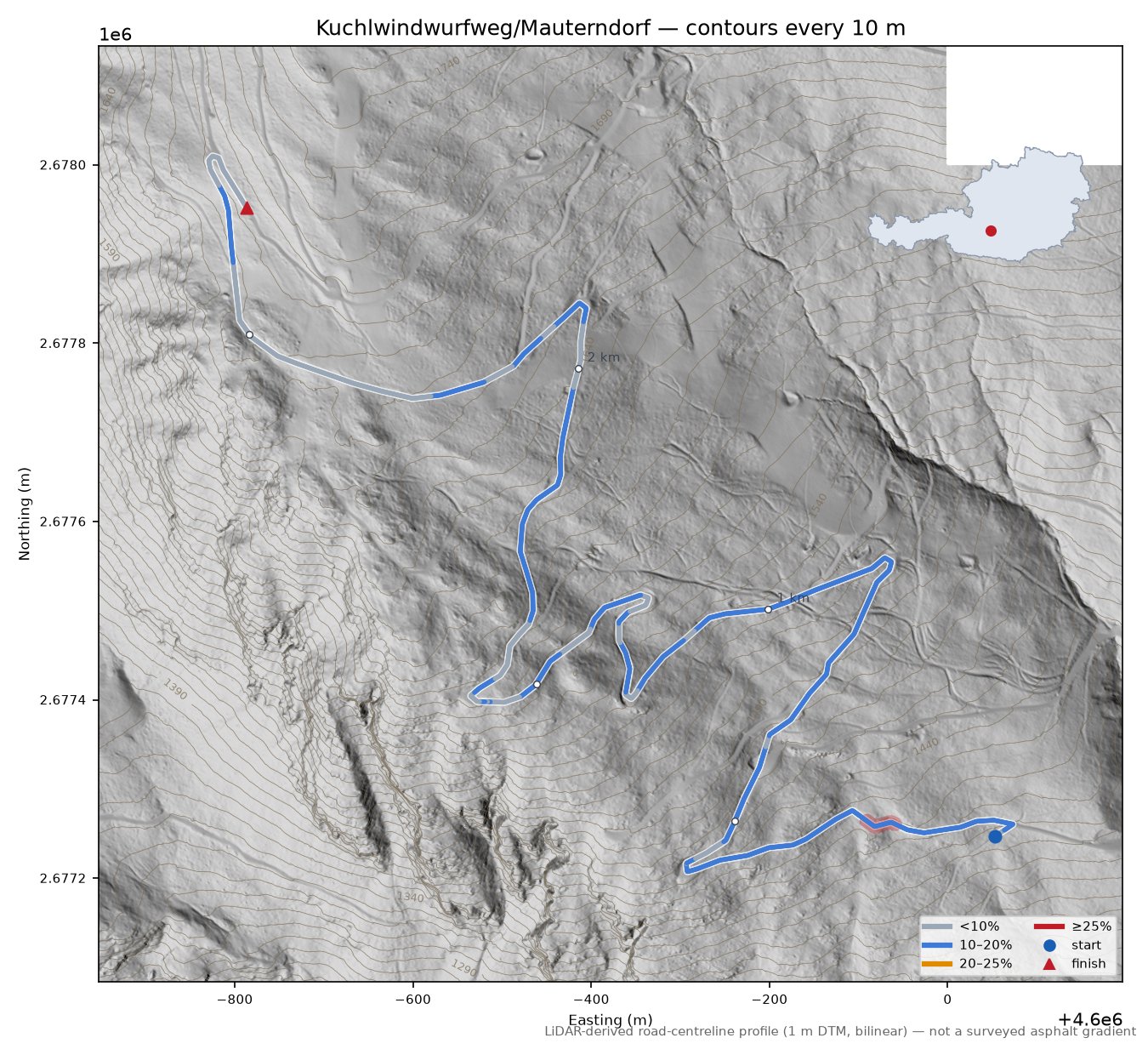 Kuchlwindwurfweg/Mauterndorf LiDAR hillshade map with contours