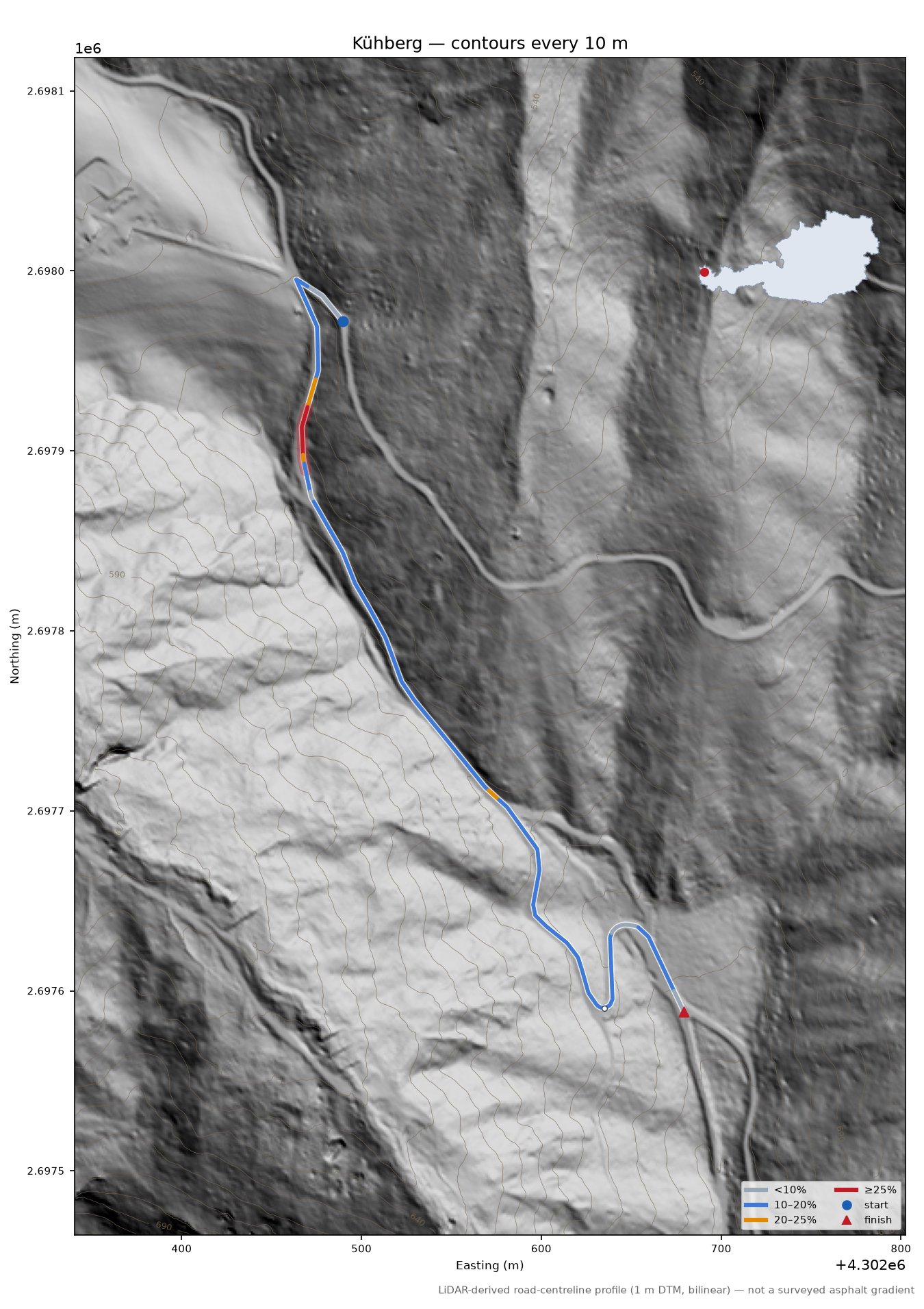 Kühberg LiDAR hillshade map with contours