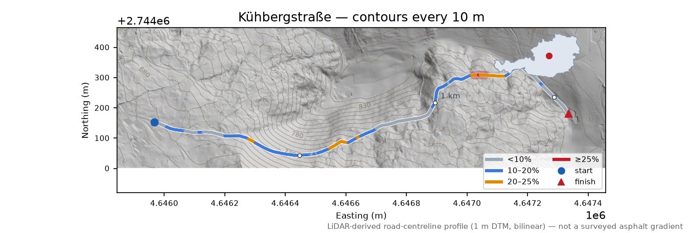 Kühbergstraße LiDAR hillshade map with contours