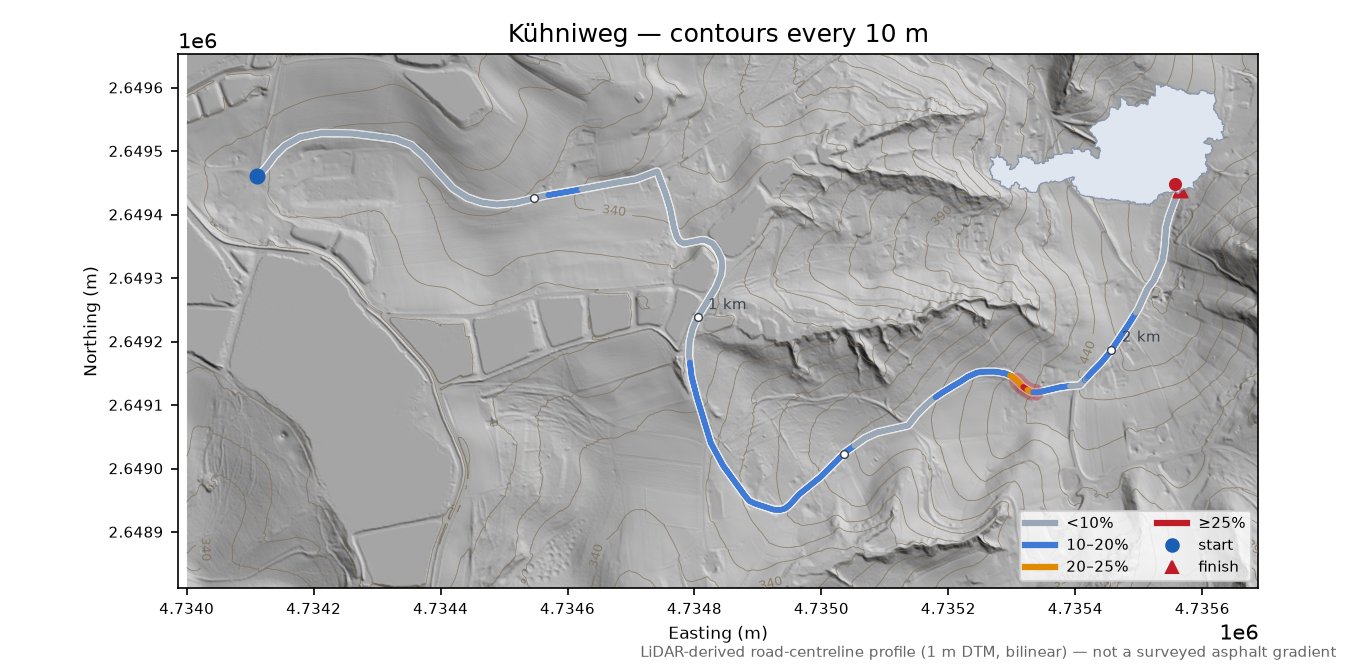 Kühniweg LiDAR hillshade map with contours
