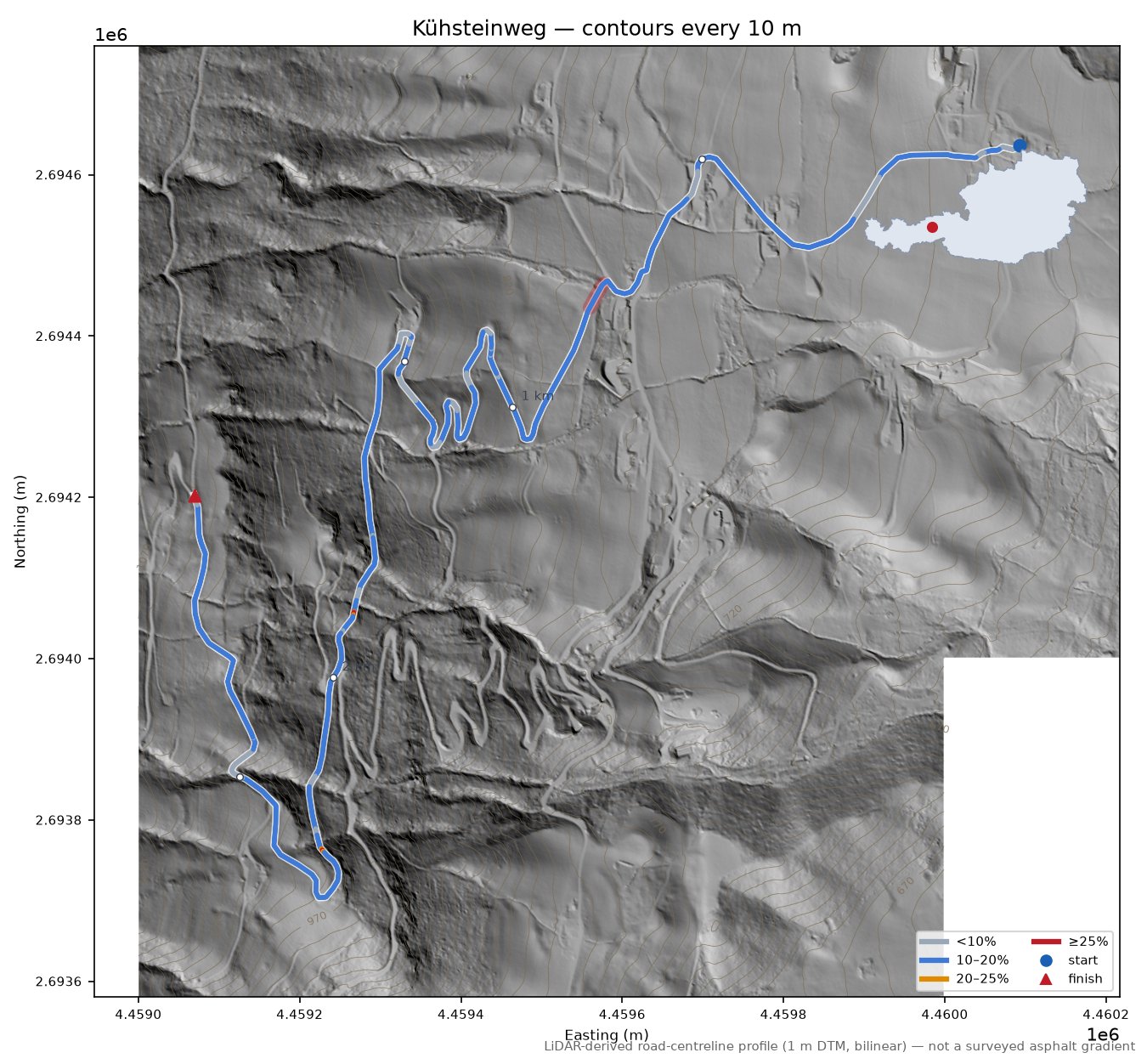 Kühsteinweg LiDAR hillshade map with contours