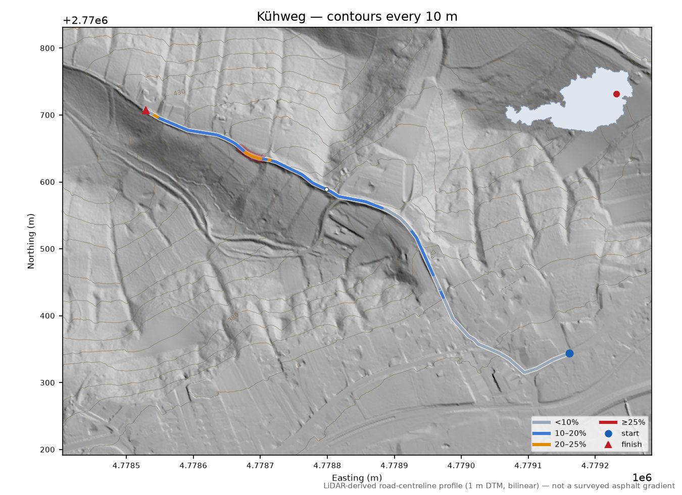 Kühweg LiDAR hillshade map with contours