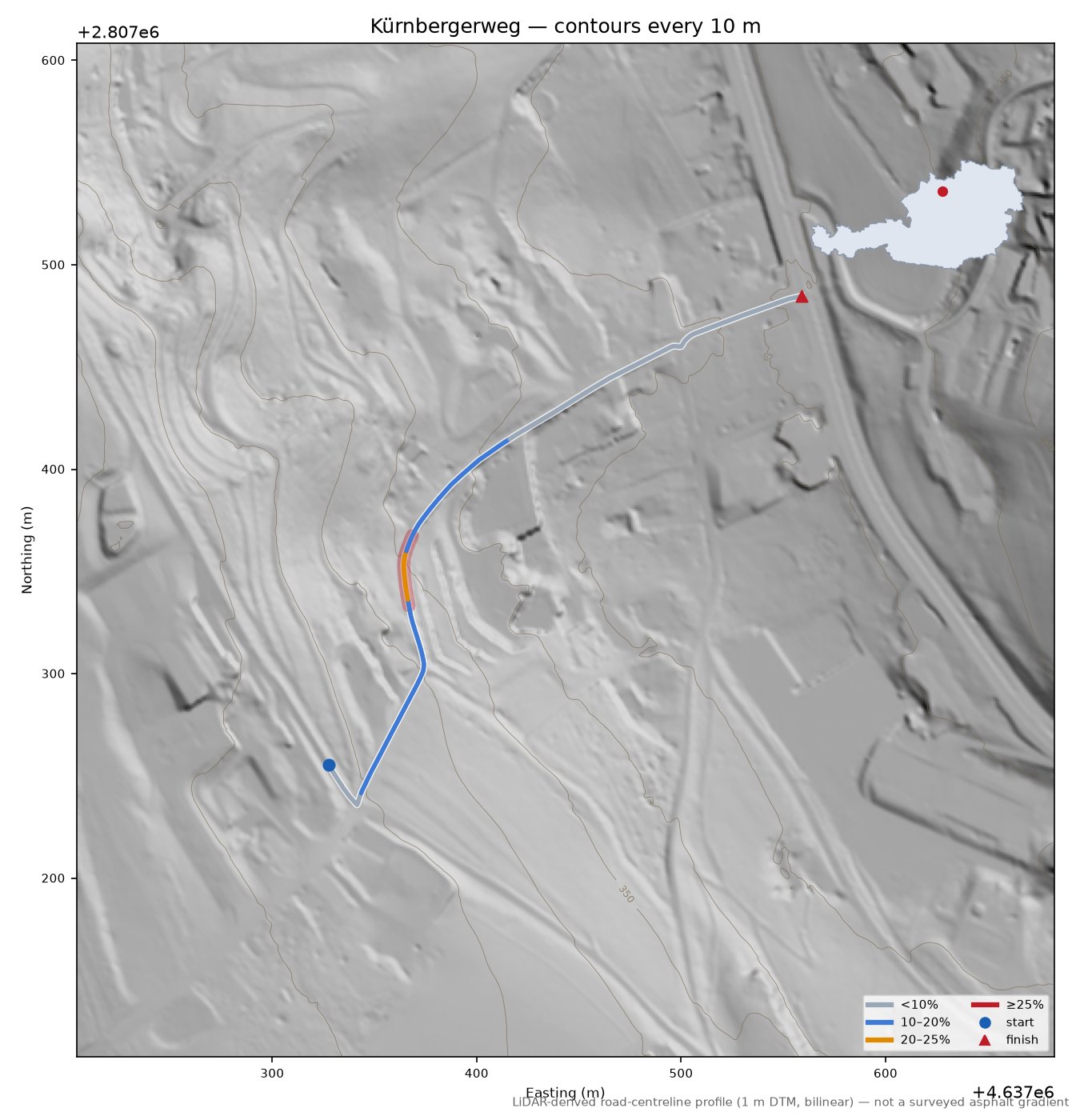 Kürnbergerweg LiDAR hillshade map with contours