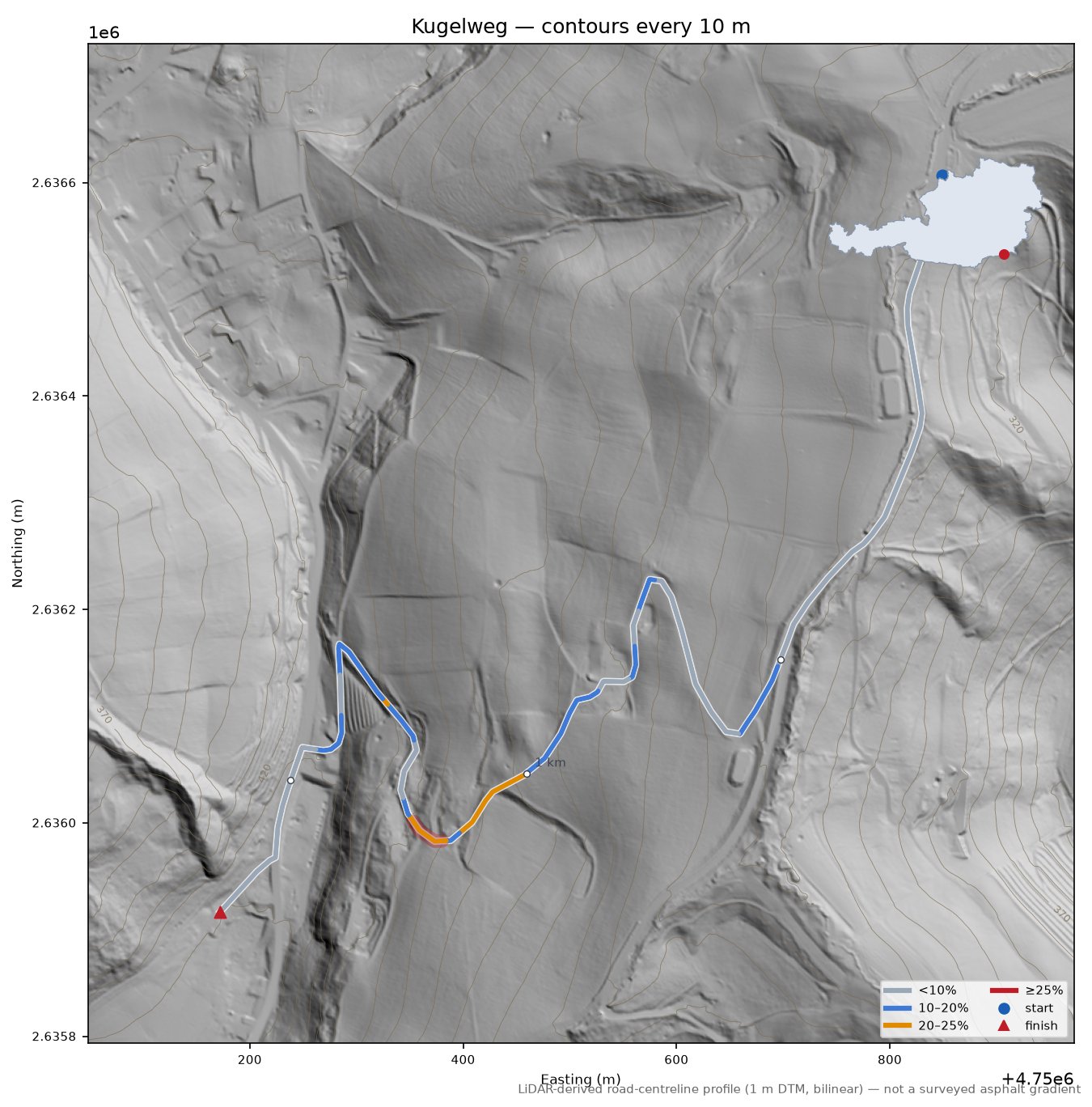 Kugelweg LiDAR hillshade map with contours