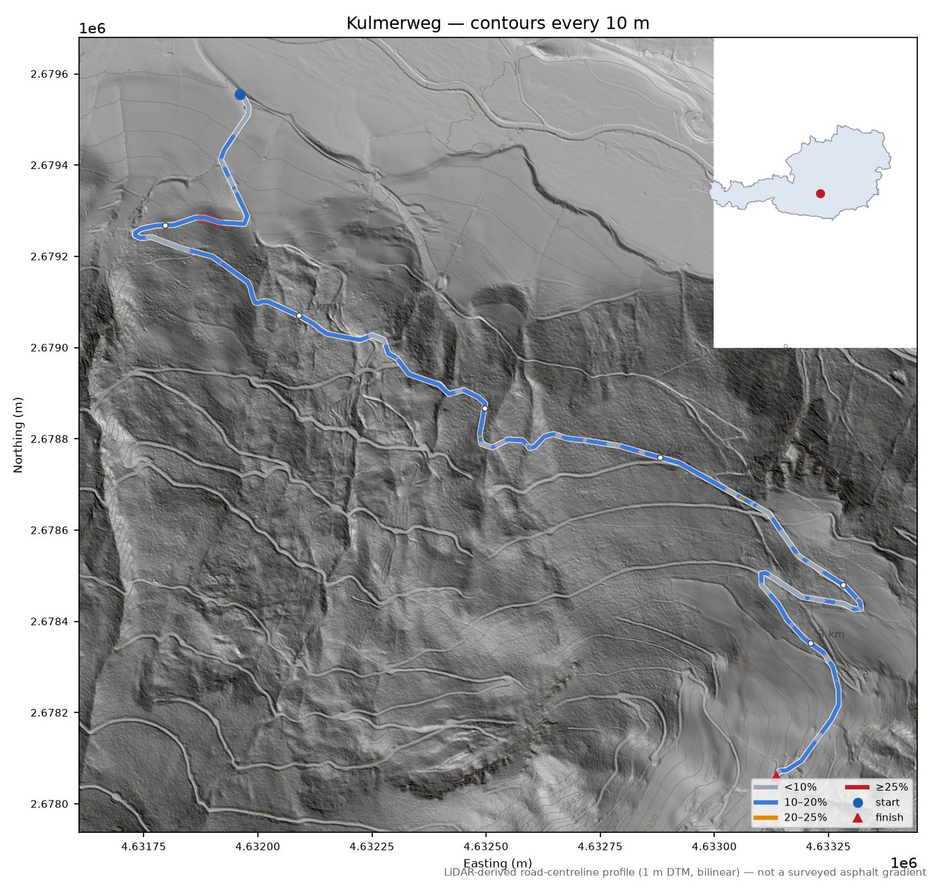 Kulmerweg LiDAR hillshade map with contours