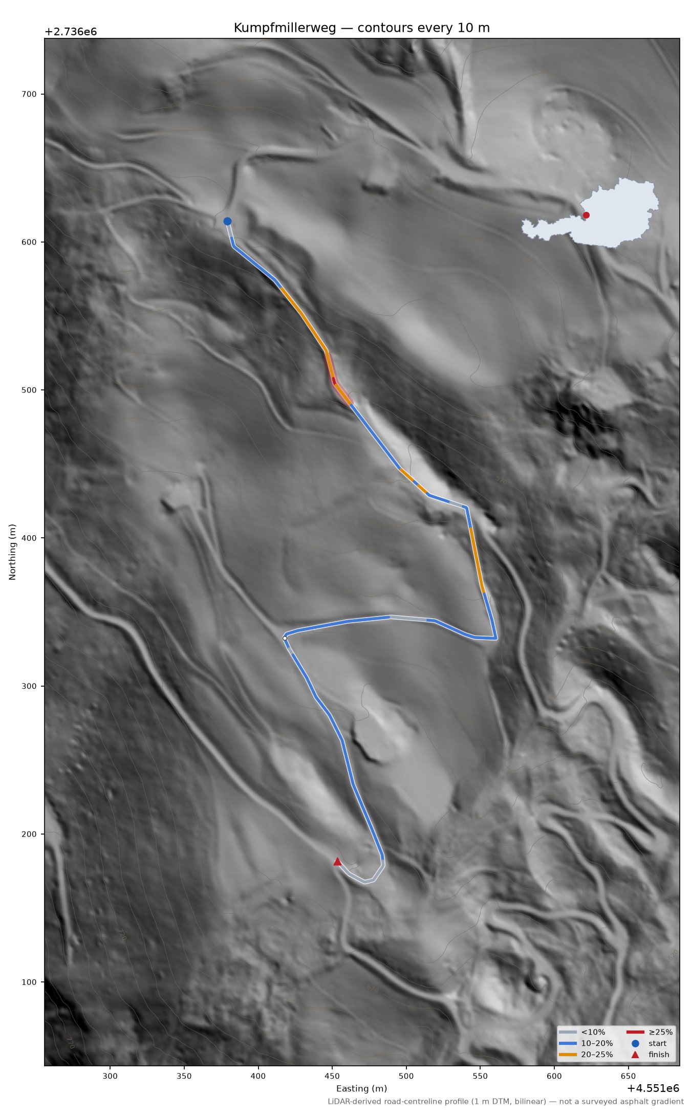 Kumpfmillerweg LiDAR hillshade map with contours