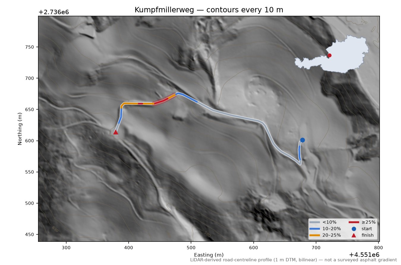 Kumpfmillerweg LiDAR hillshade map with contours