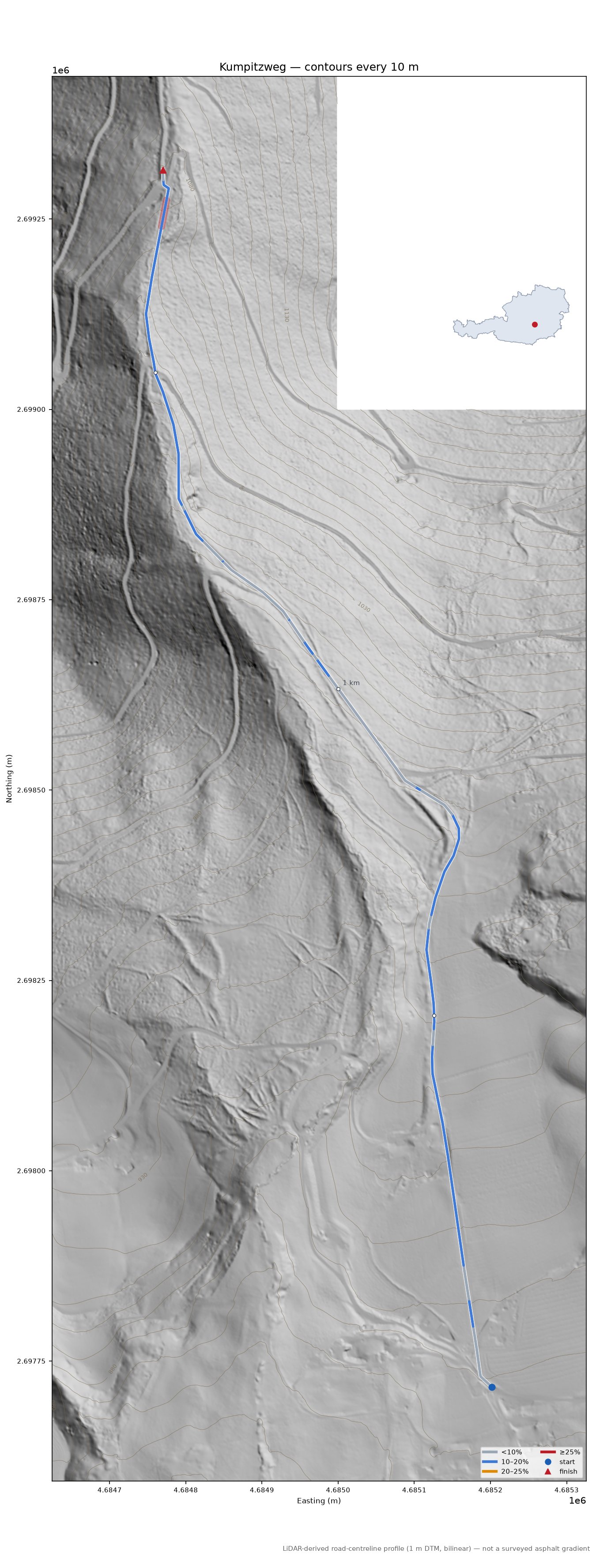 Kumpitzweg LiDAR hillshade map with contours