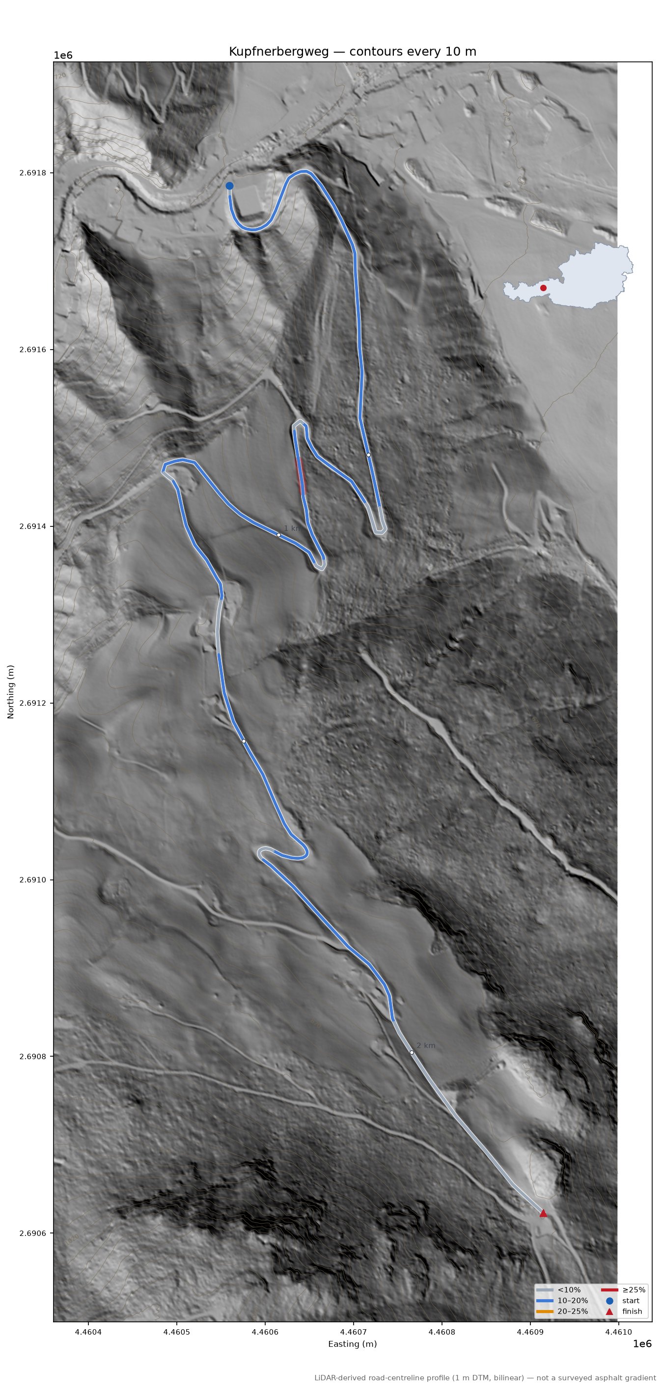 Kupfnerbergweg LiDAR hillshade map with contours