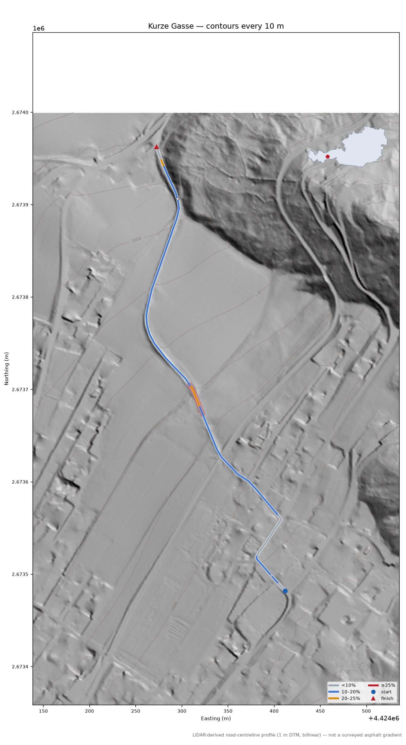Kurze Gasse LiDAR hillshade map with contours