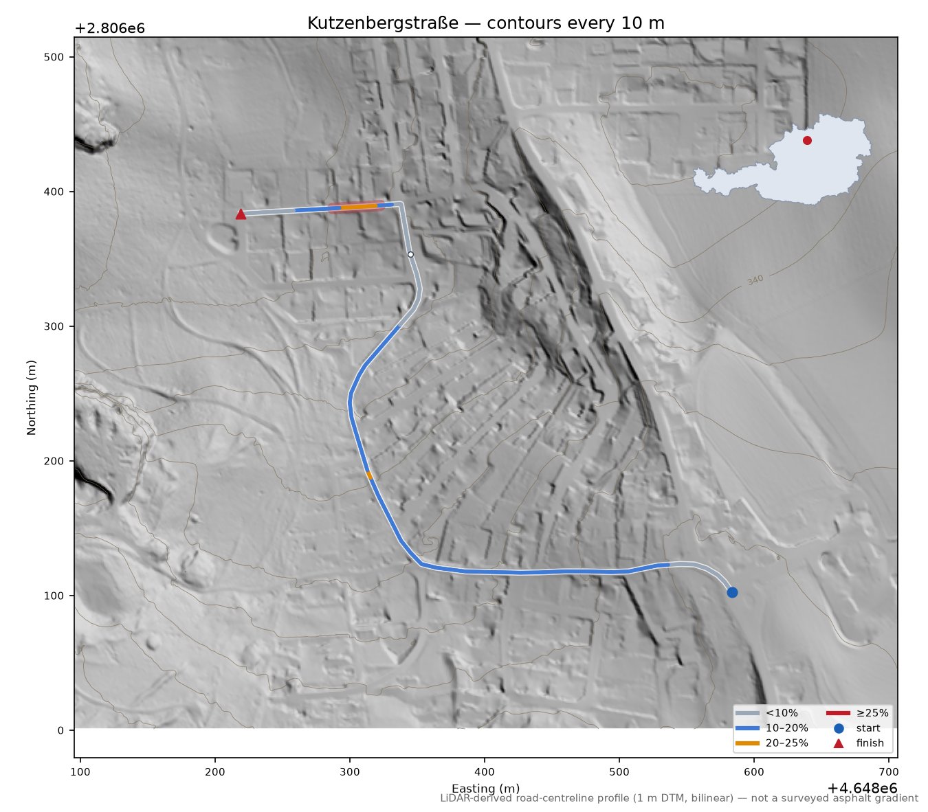 Kutzenbergstraße LiDAR hillshade map with contours