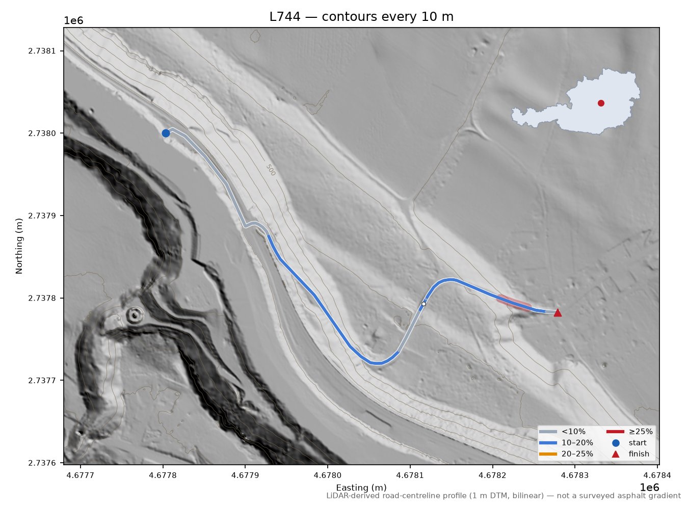 Discovered lane (47.6504, 14.7556) LiDAR hillshade map with contours