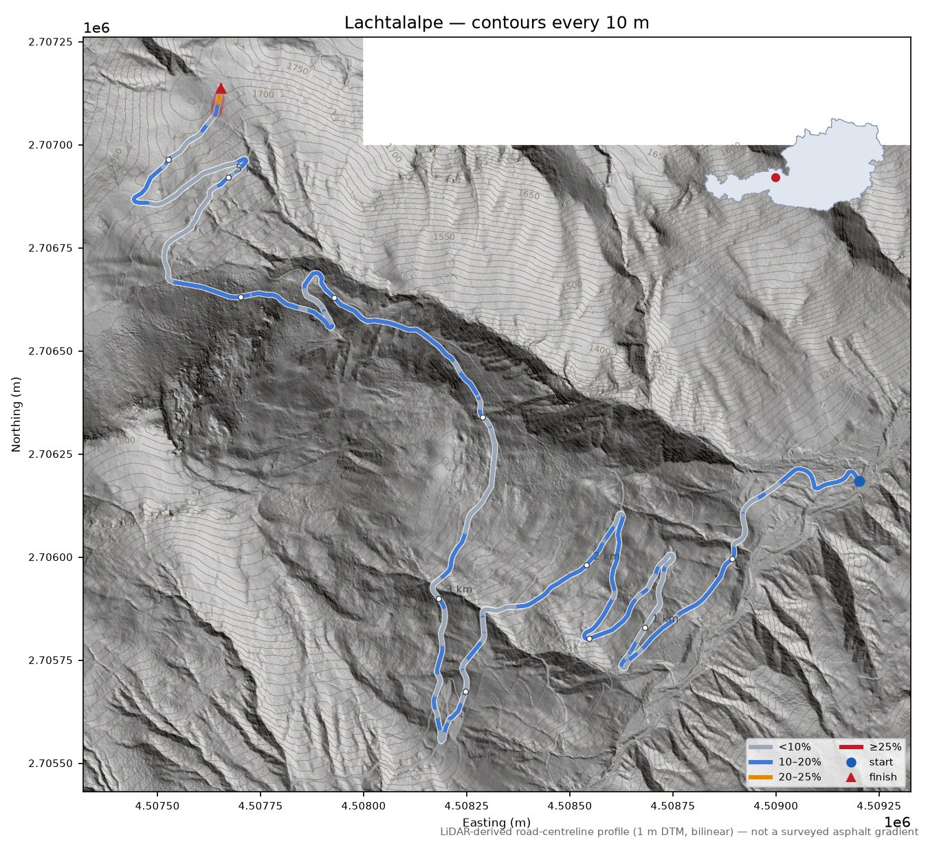 Lachtalalpe LiDAR hillshade map with contours