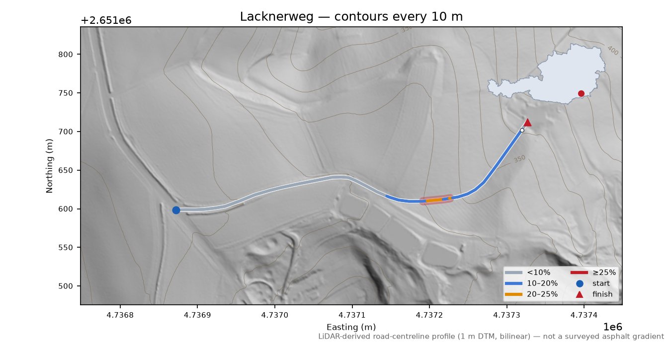 Lacknerweg LiDAR hillshade map with contours