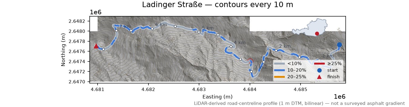 Ladinger Straße LiDAR hillshade map with contours