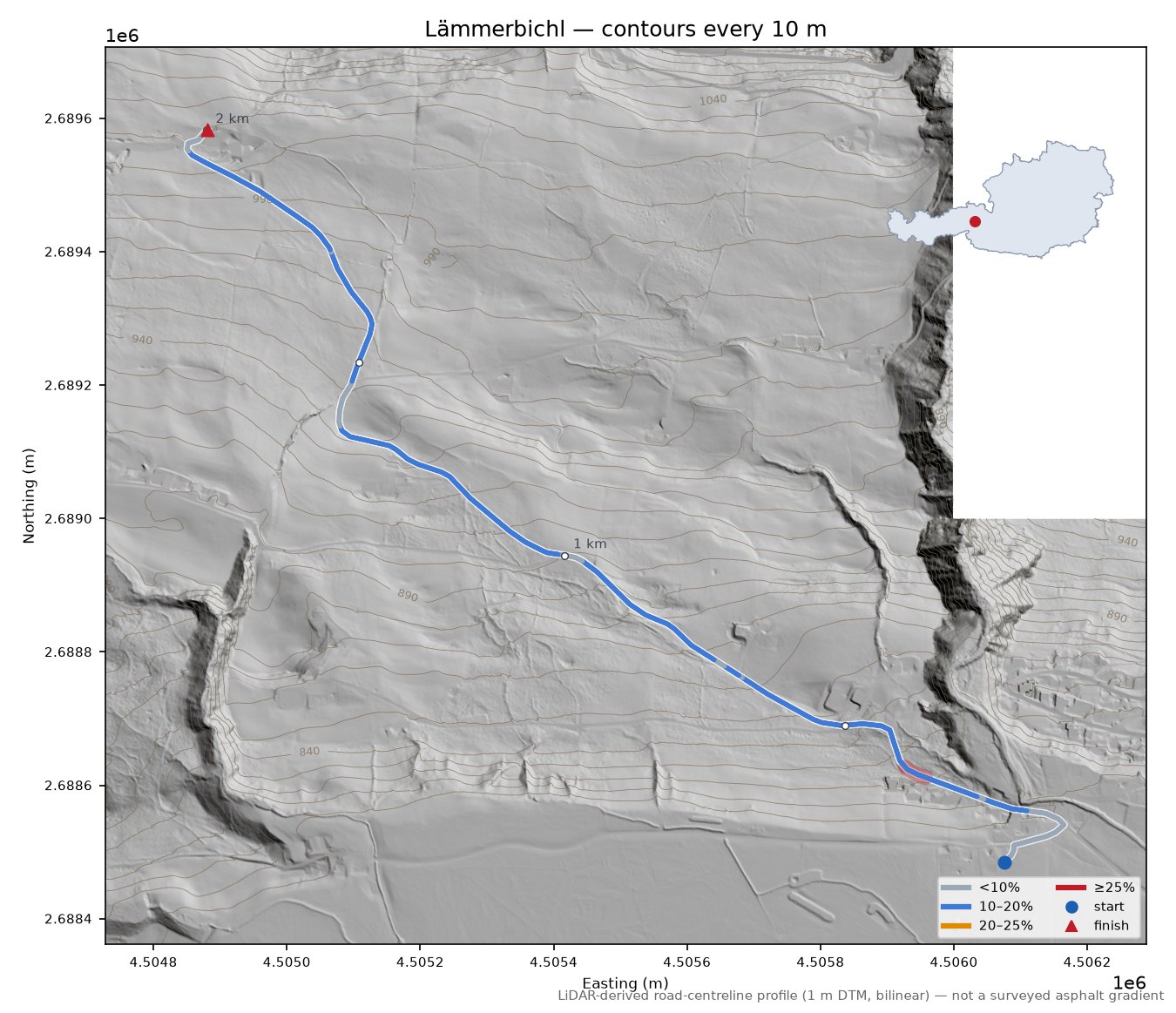 Lämmerbichl LiDAR hillshade map with contours
