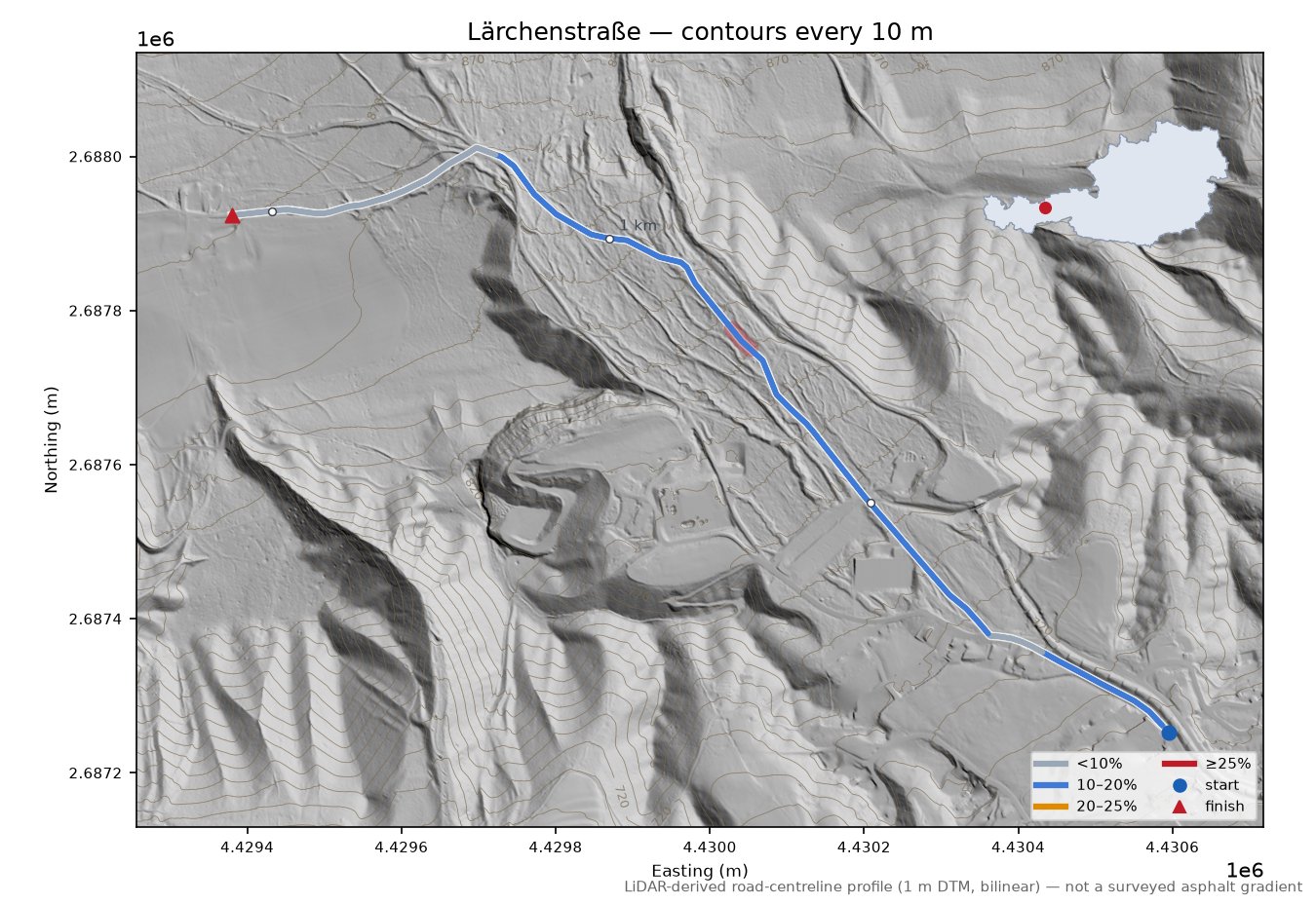 Lärchenstraße LiDAR hillshade map with contours