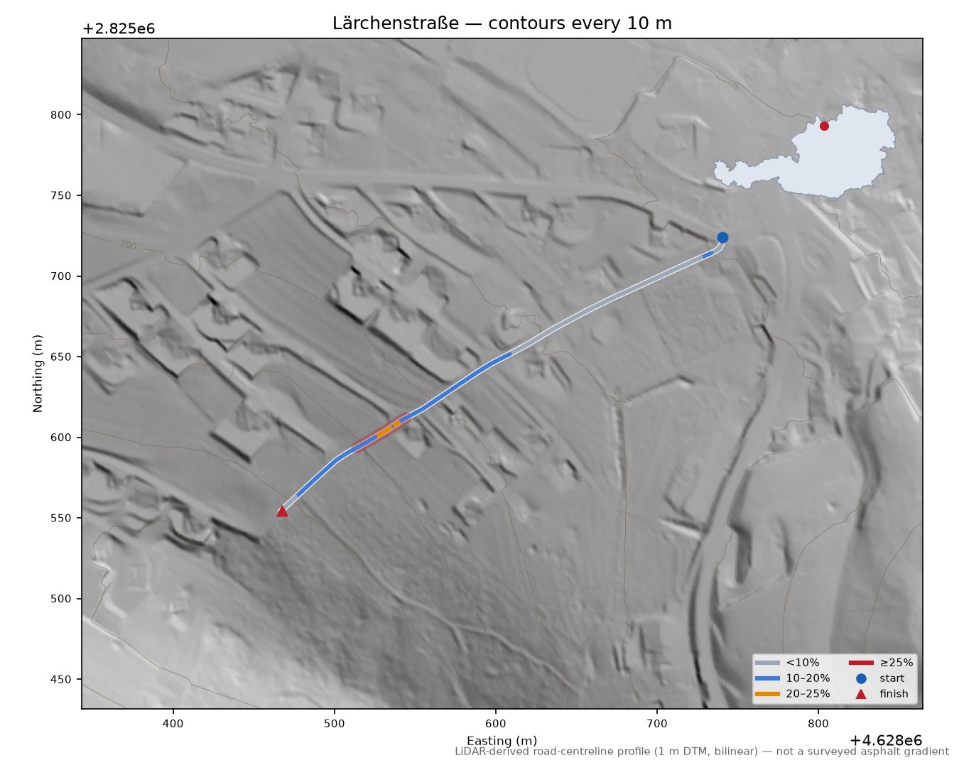 Lärchenstraße LiDAR hillshade map with contours