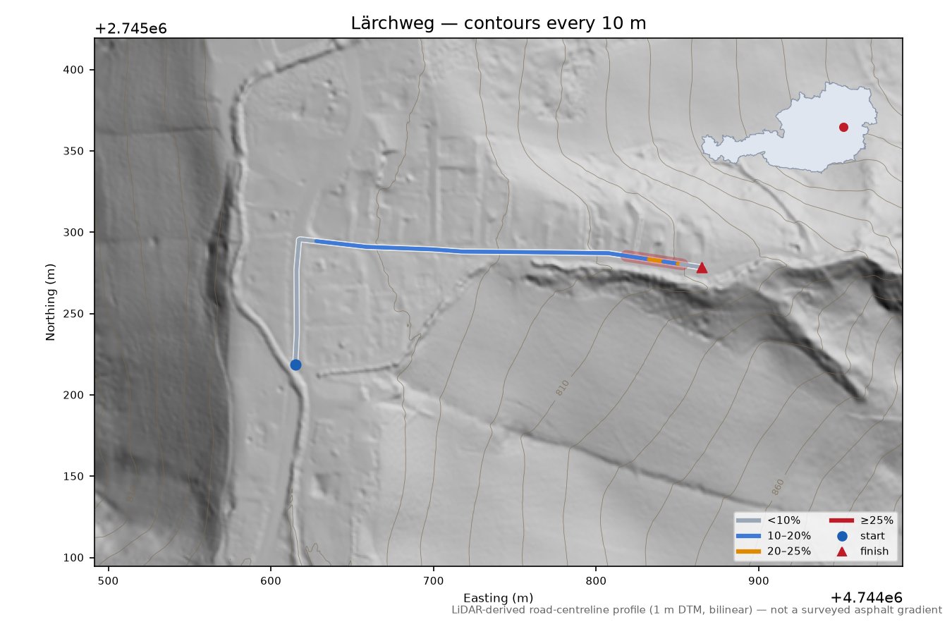 Lärchweg LiDAR hillshade map with contours