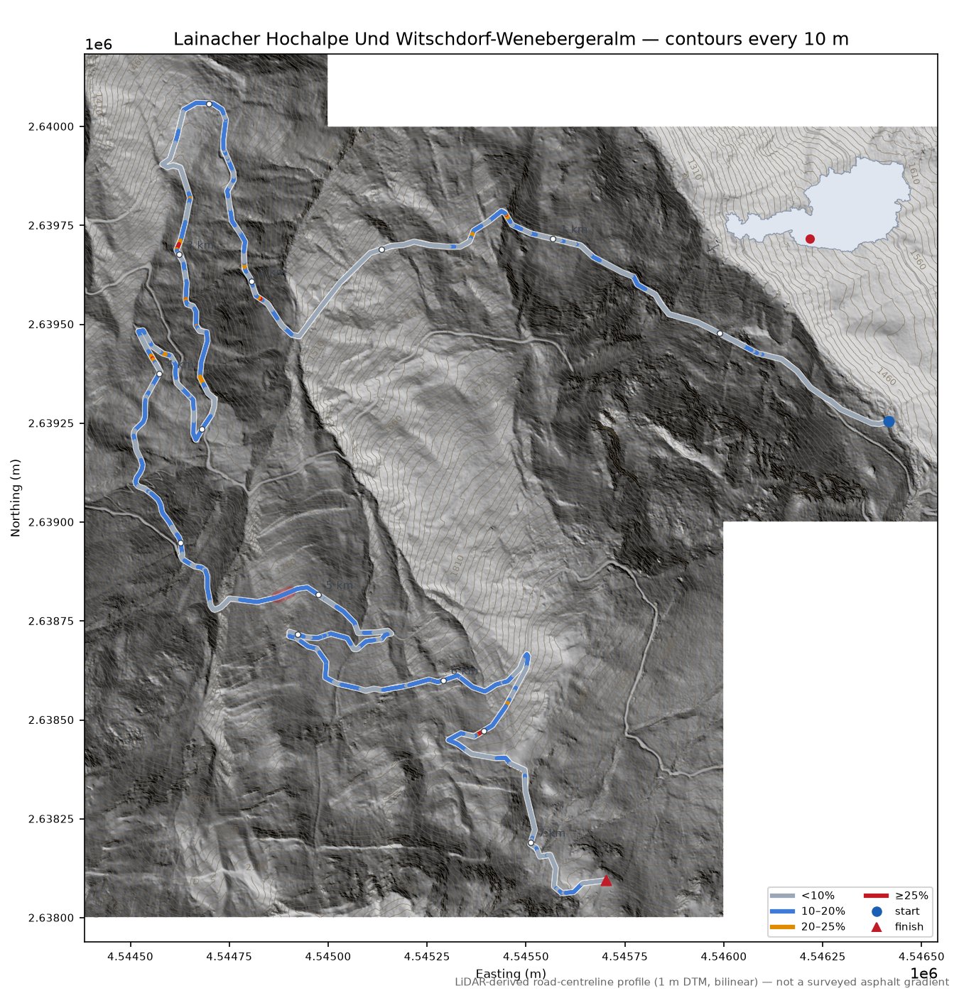Lainacher Hochalpe Und Witschdorf-Wenebergeralm LiDAR hillshade map with contours