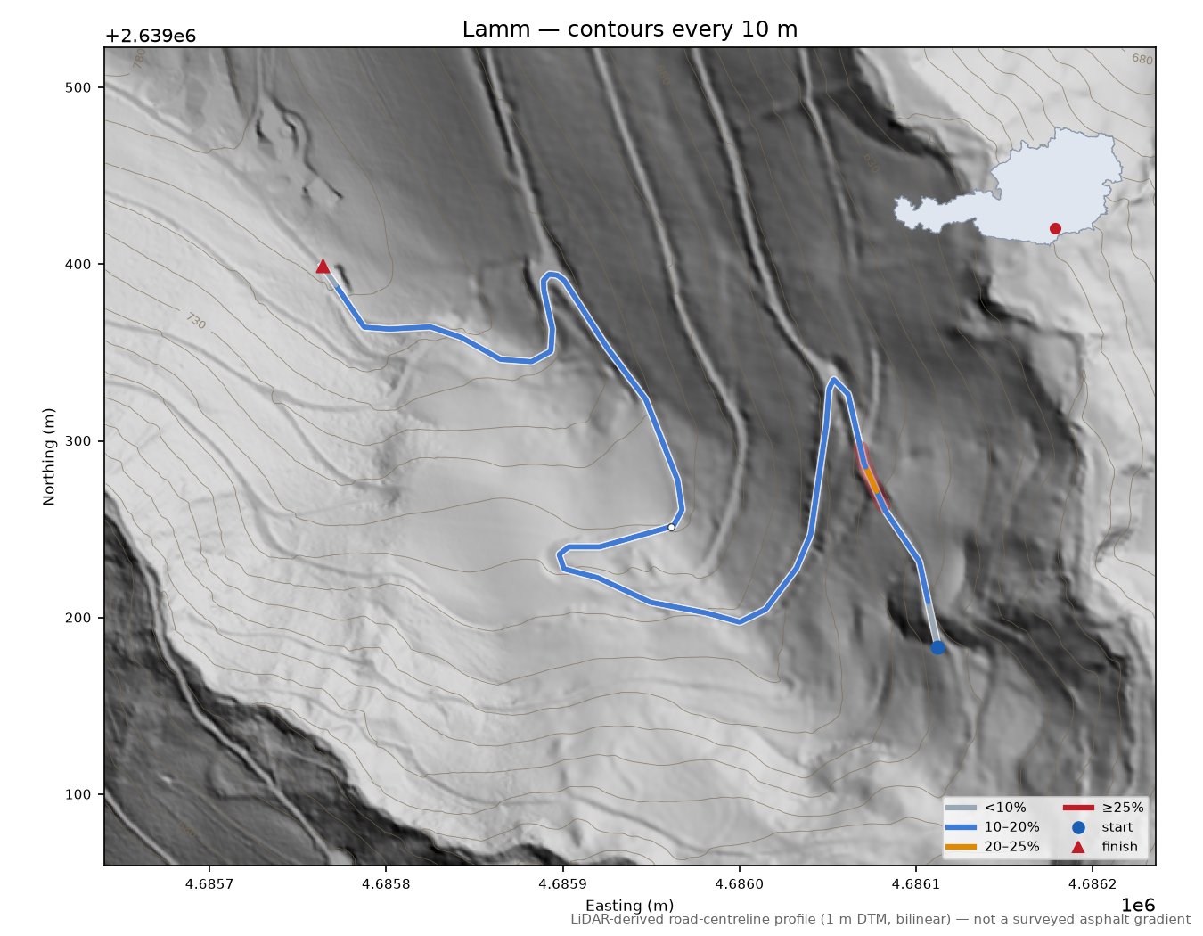 Lamm LiDAR hillshade map with contours